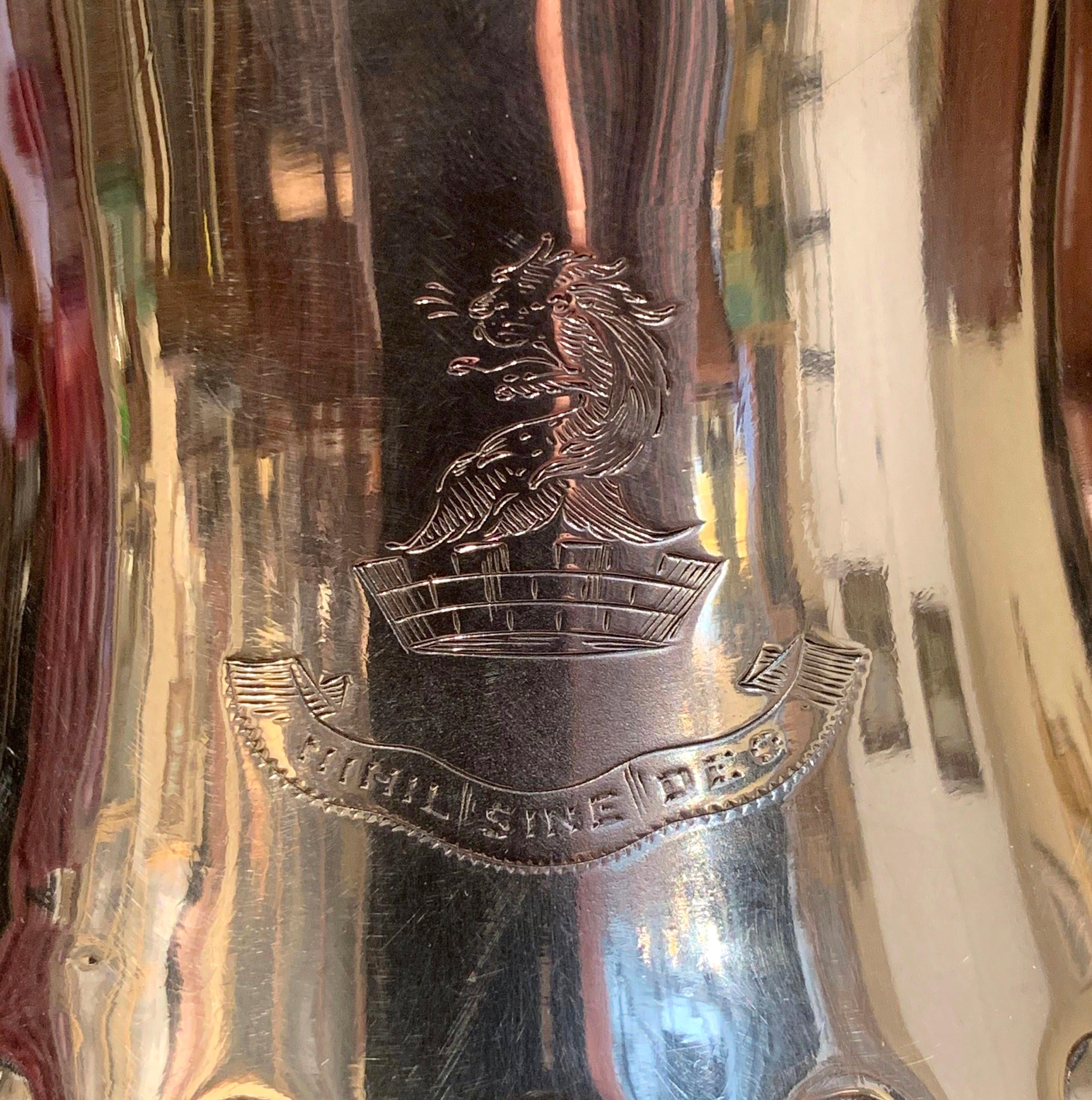 Silvered Early 20th Century English Silver Plated Pitcher with Engraved Crest