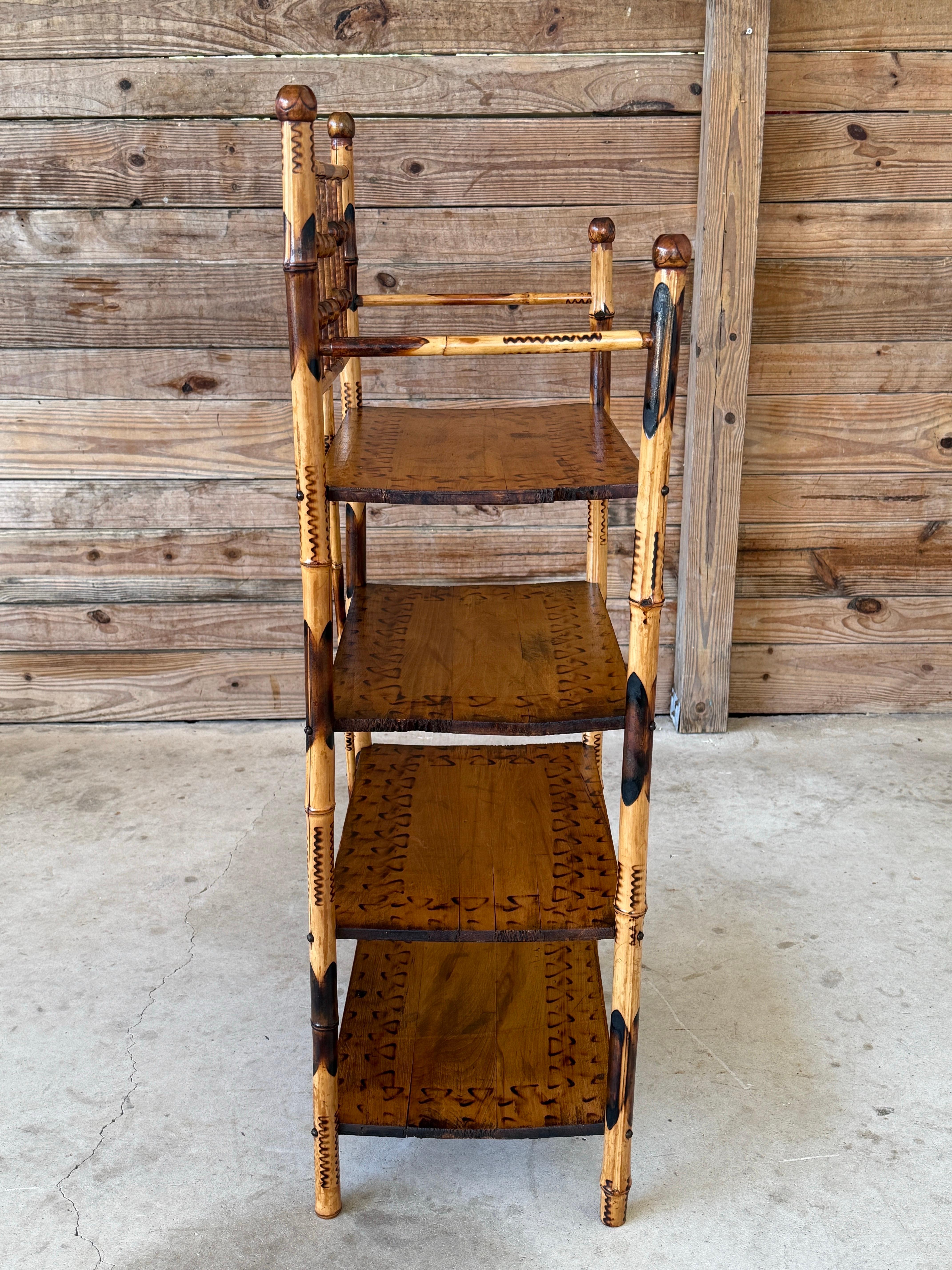 Early 20th Century English Victorian Burnt Bamboo Etagere Shelf 1