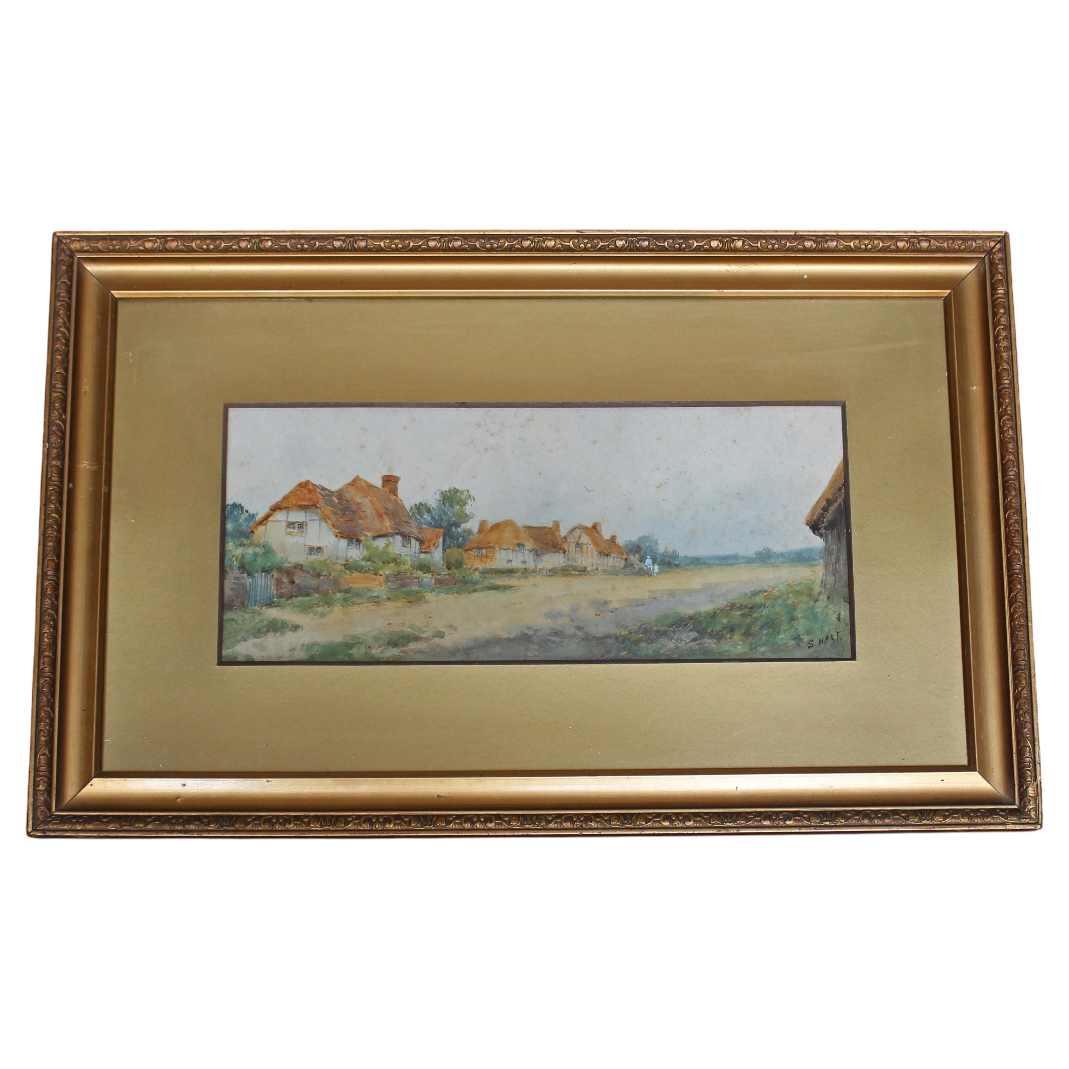 Early 20th Century English Village Watercolor Scene by S. Hart