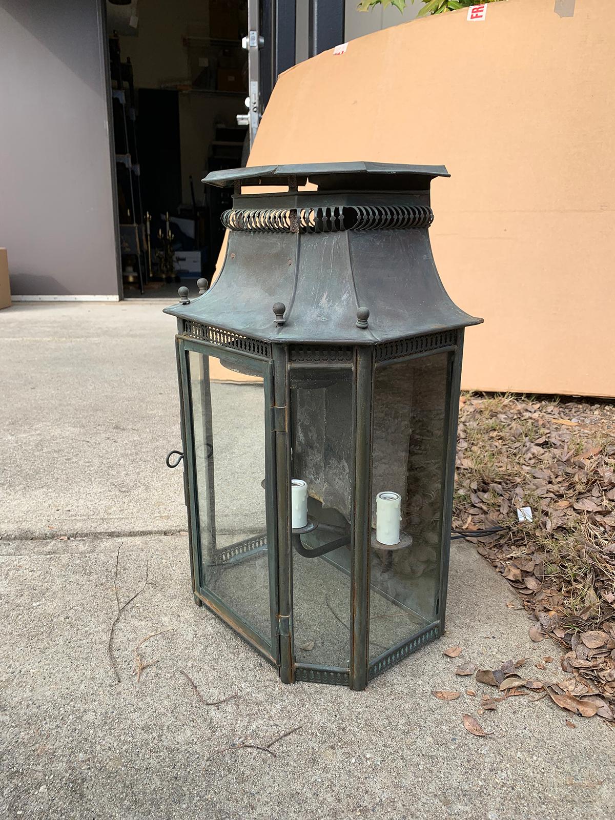 Early 20th century English wall lantern with old finish
Brand new wiring.