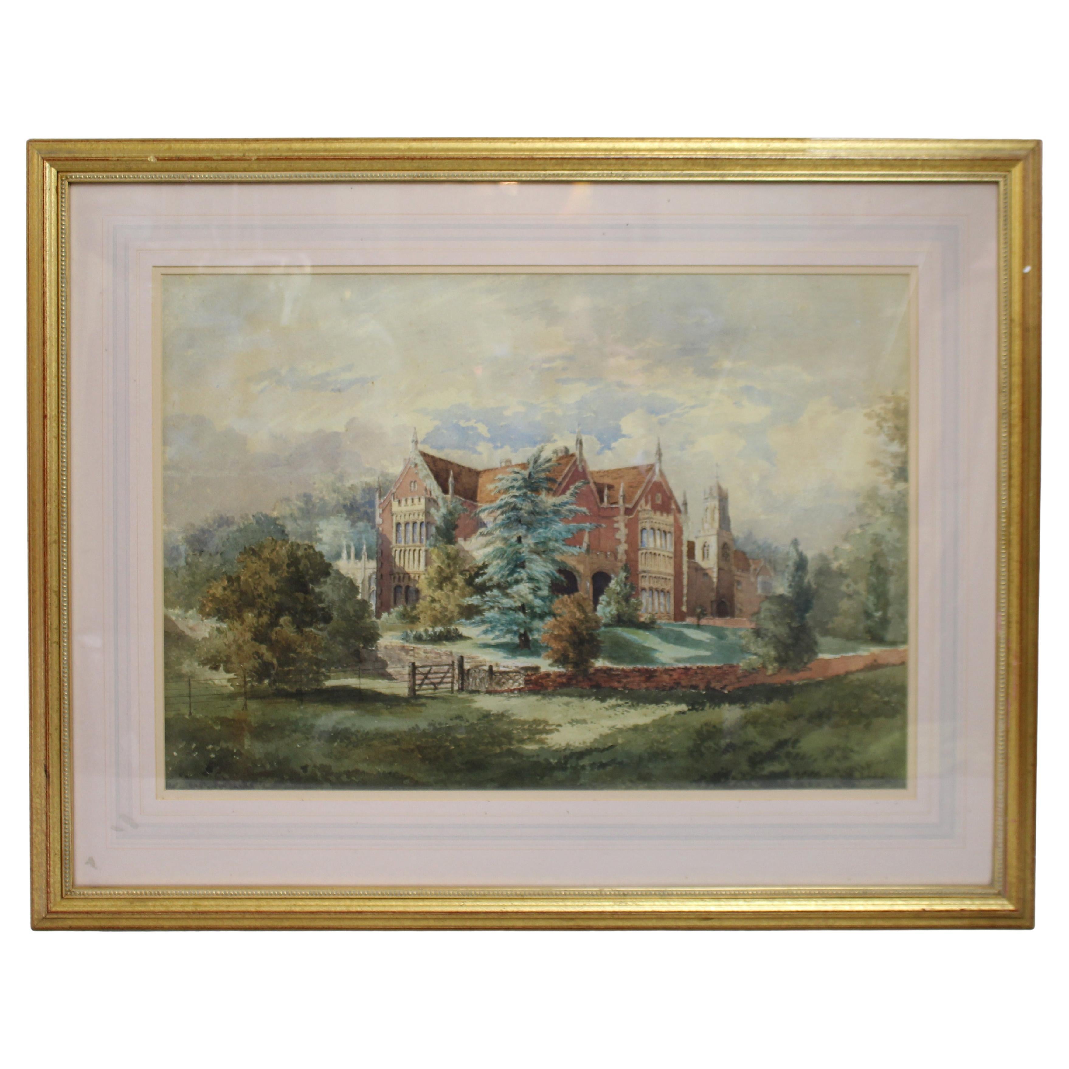 Aquarelle anglaise du début du 20e siècle représentant une maison de campagne dans un cadre doré en vente
