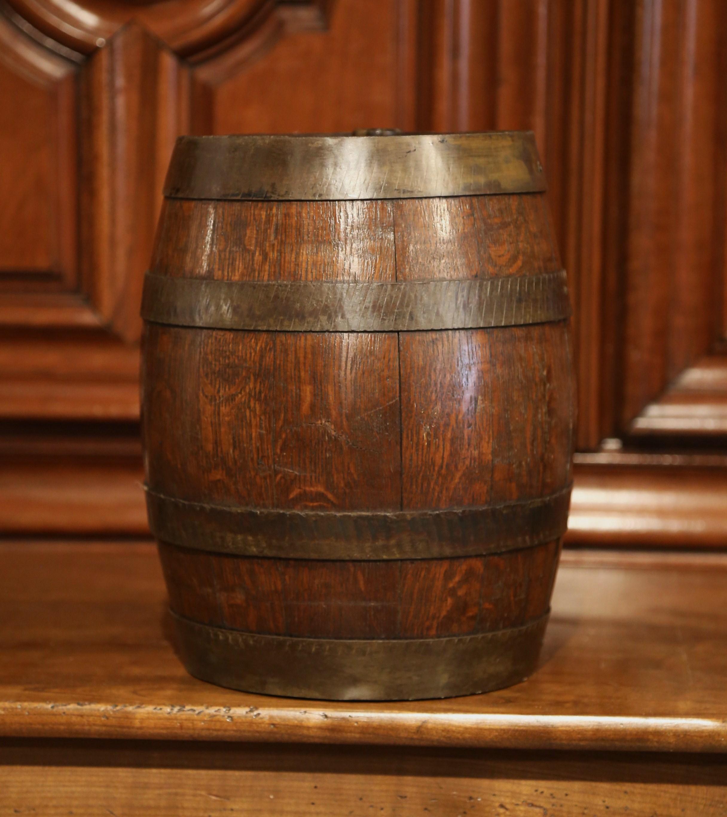 Hand-Carved Early 20th Century English Carved Oak and Metal Cream Sherry Barrel