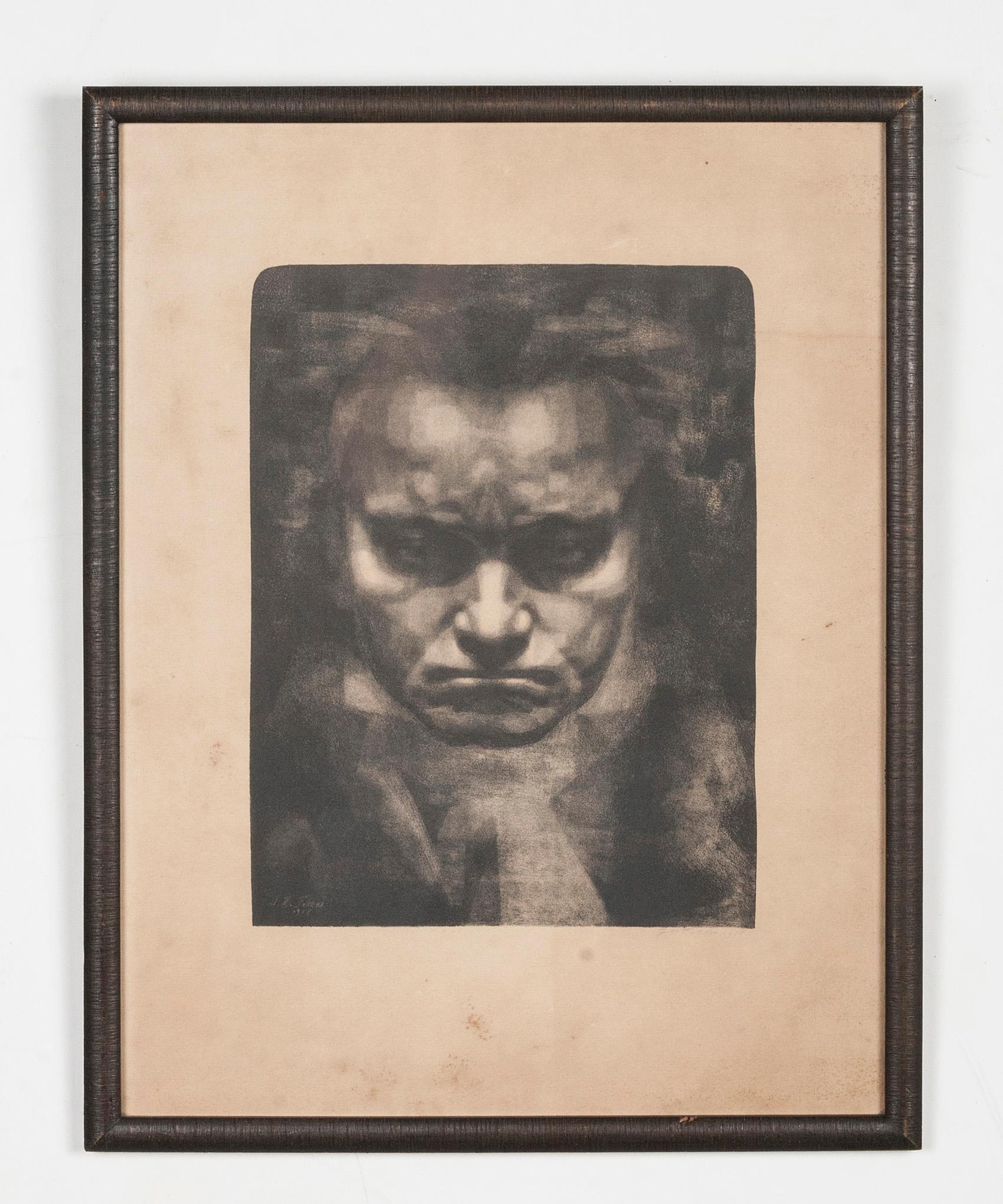 Etching from the beginning of the 20th century, depicting Beethoven. Made by Jan Fekkes.Jan Fekkes were a Dutch lithographer, etcher, painter and draftsman. He lived from 1885-1933.
The portrait stands out due to the dark, penetrating gaze of the