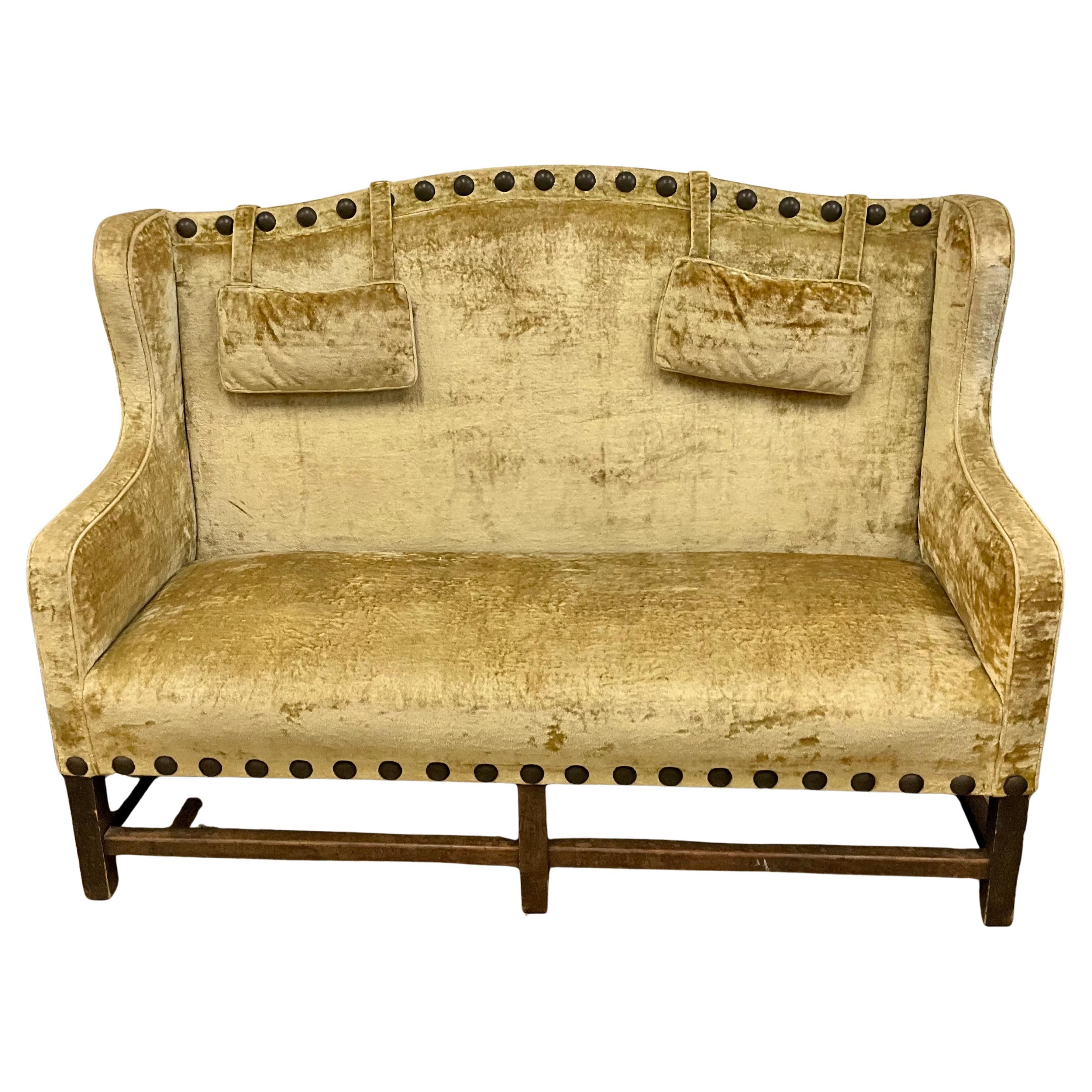 Early 20th Century European Crushed Velvet Bench Settee Nailhead Trim
