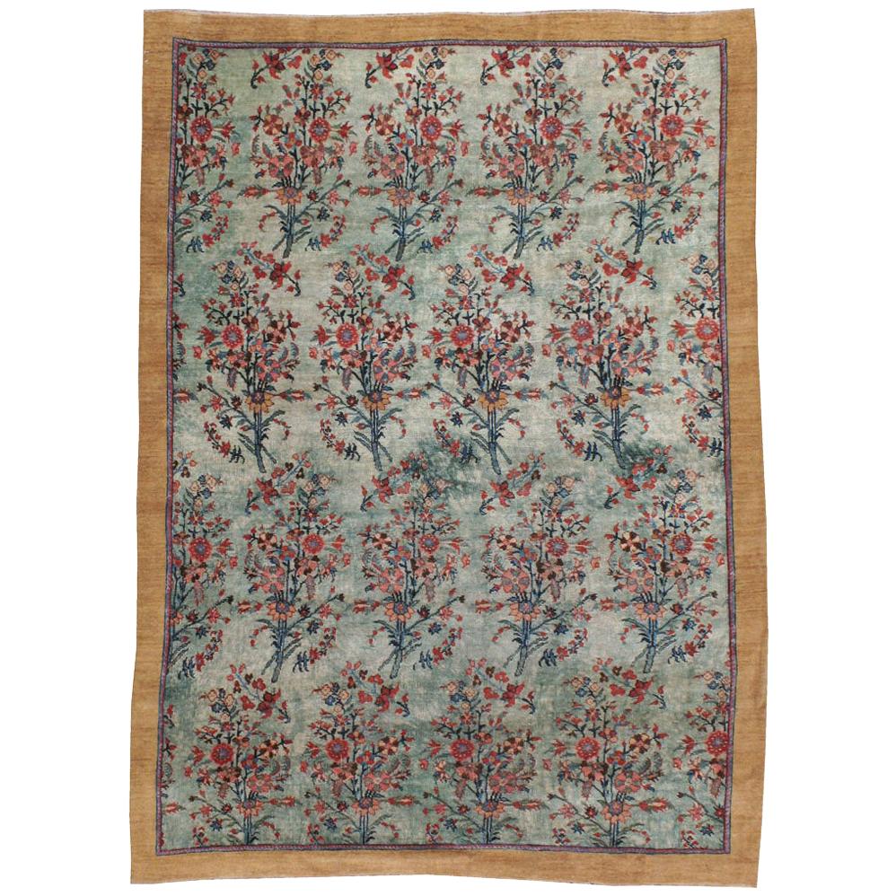 Early 20th Century European Inspired Persian Accent Rug in Seafoam Green