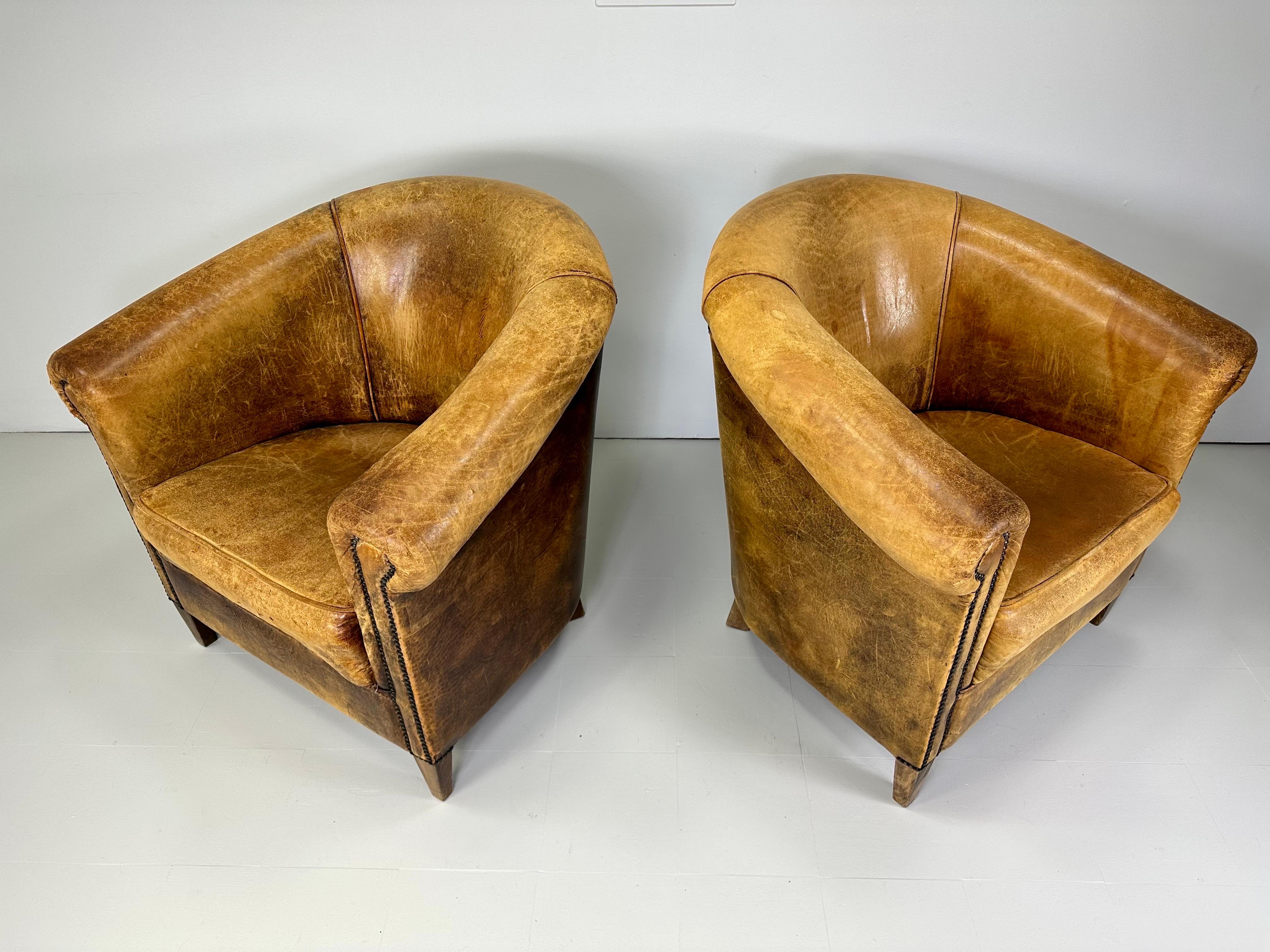 Art Deco Early 20th Century European Leather Club Chairs For Sale
