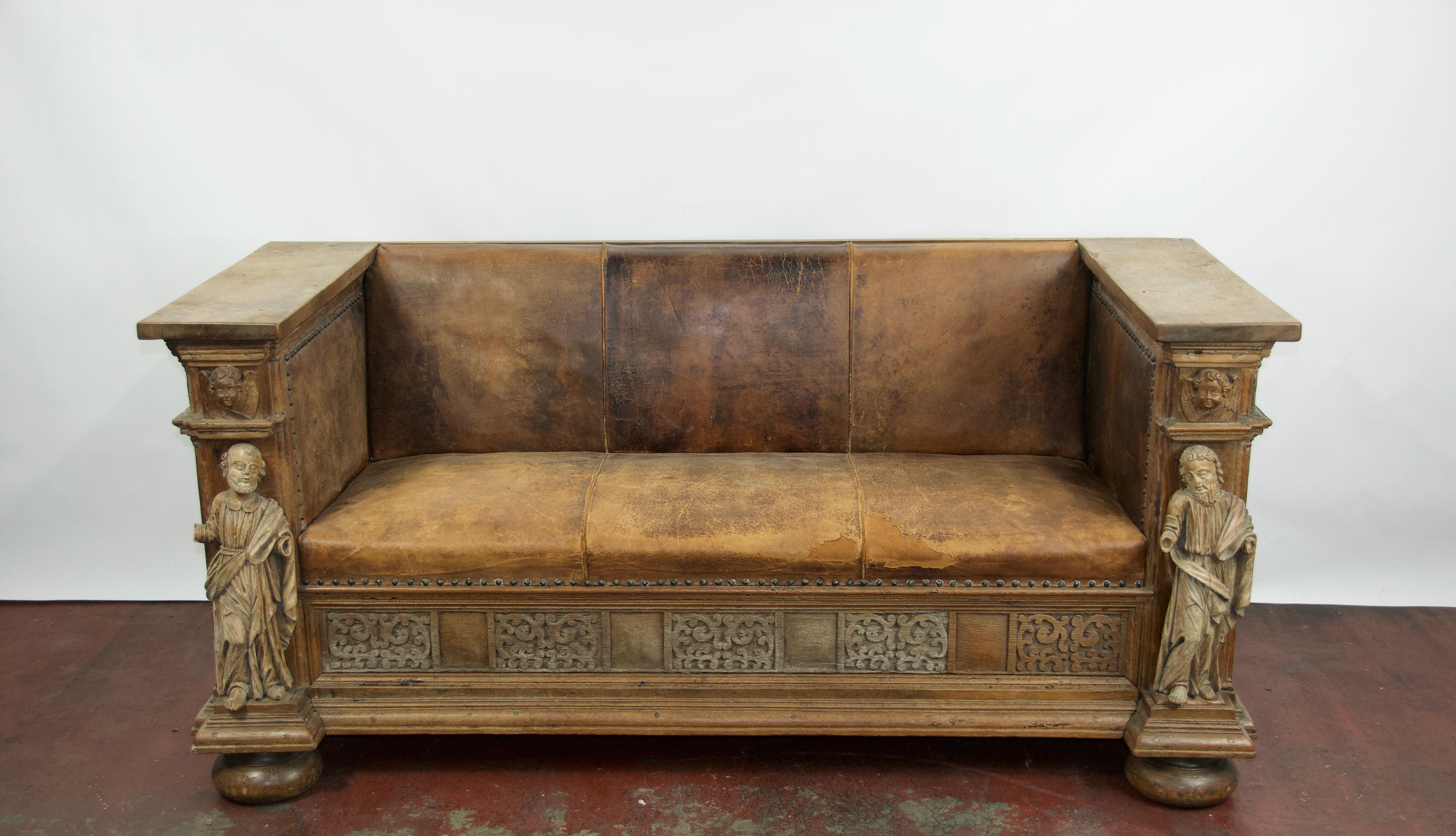 Renaissance Early 20th Century European Leather Sofa