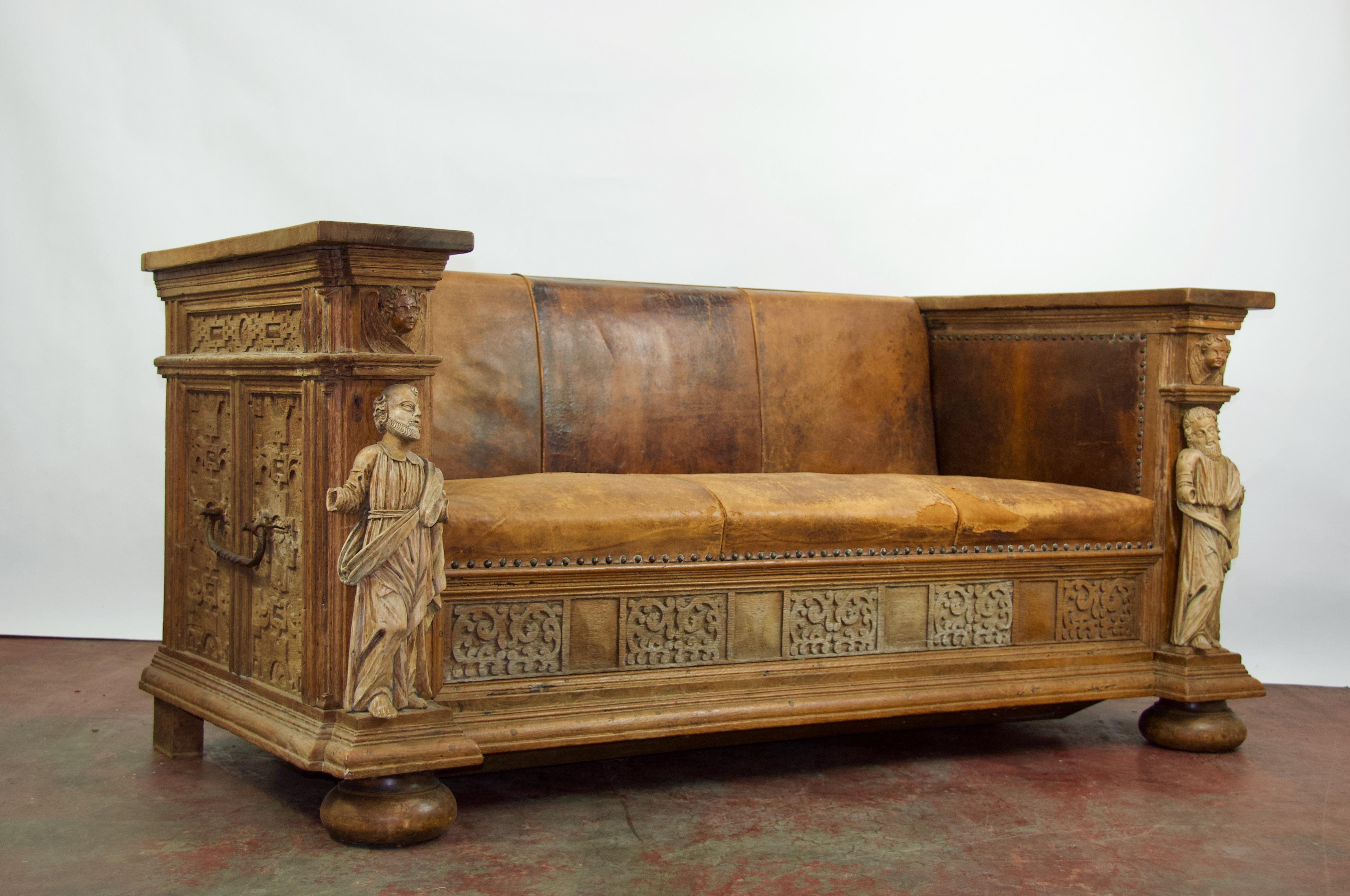 Carved Early 20th Century European Leather Sofa