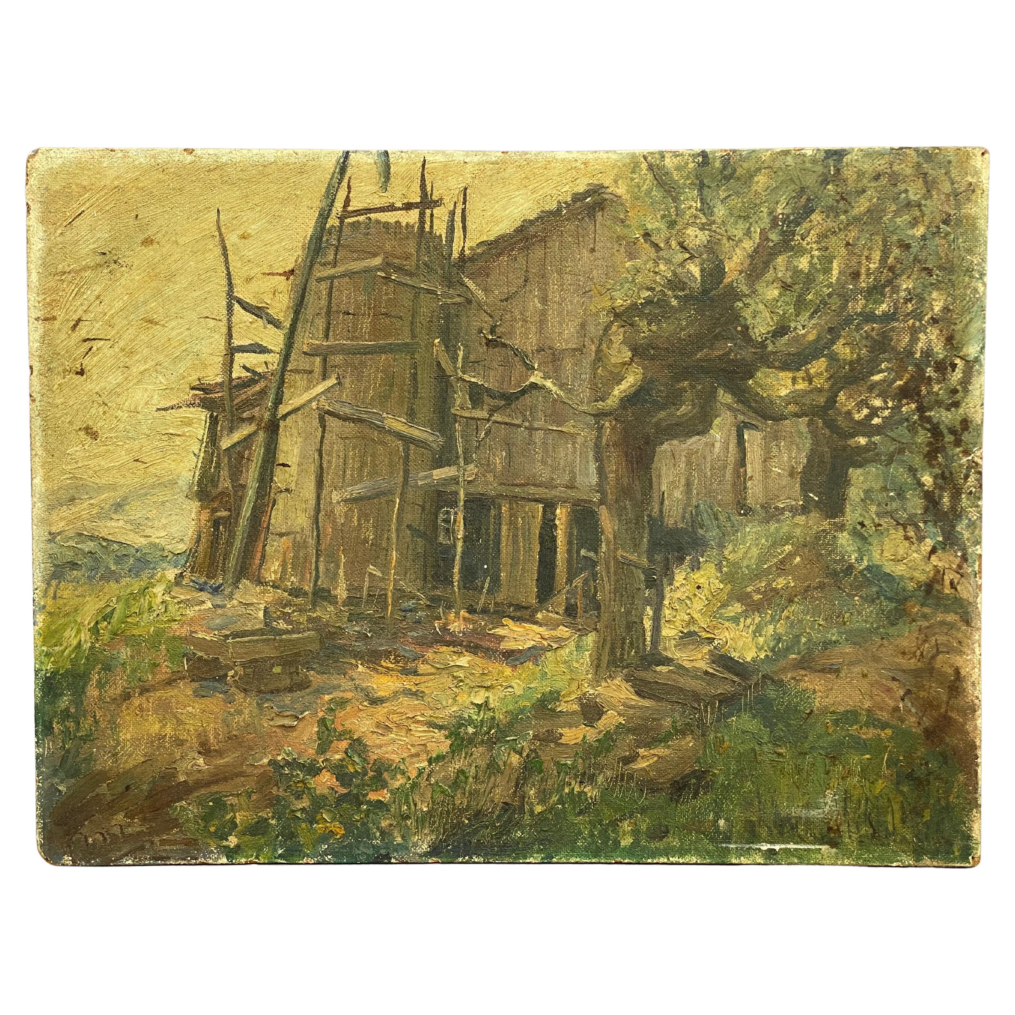 Frühes 20. Jahrhundert Europäische Schule Verfallene Scheune Gemälde im Angebot