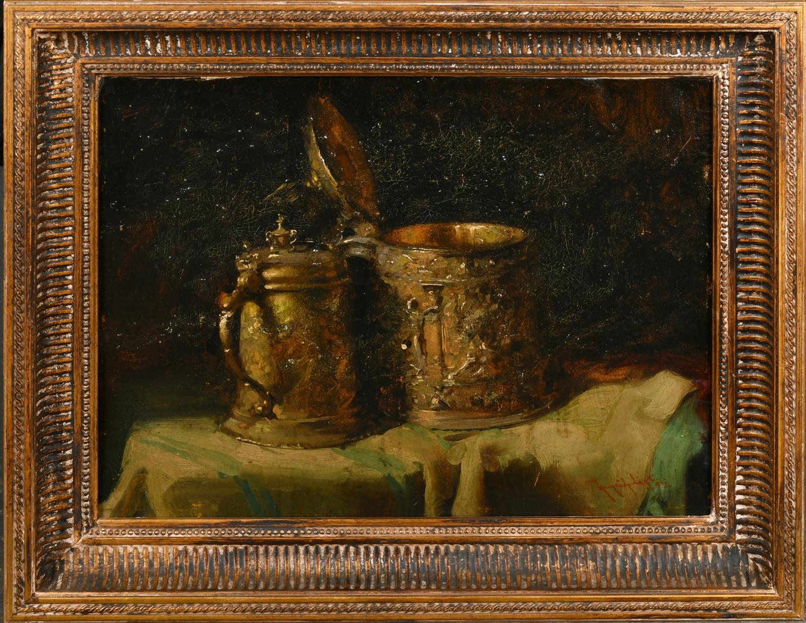 Still Life Of Tankards
Early 20th Century European School
signed oil painting on board, framed
framed: 16 x 21 inches
board: 12 x 16.5 inches
provenance: private collection, England 
condition: very good and sound condition 

