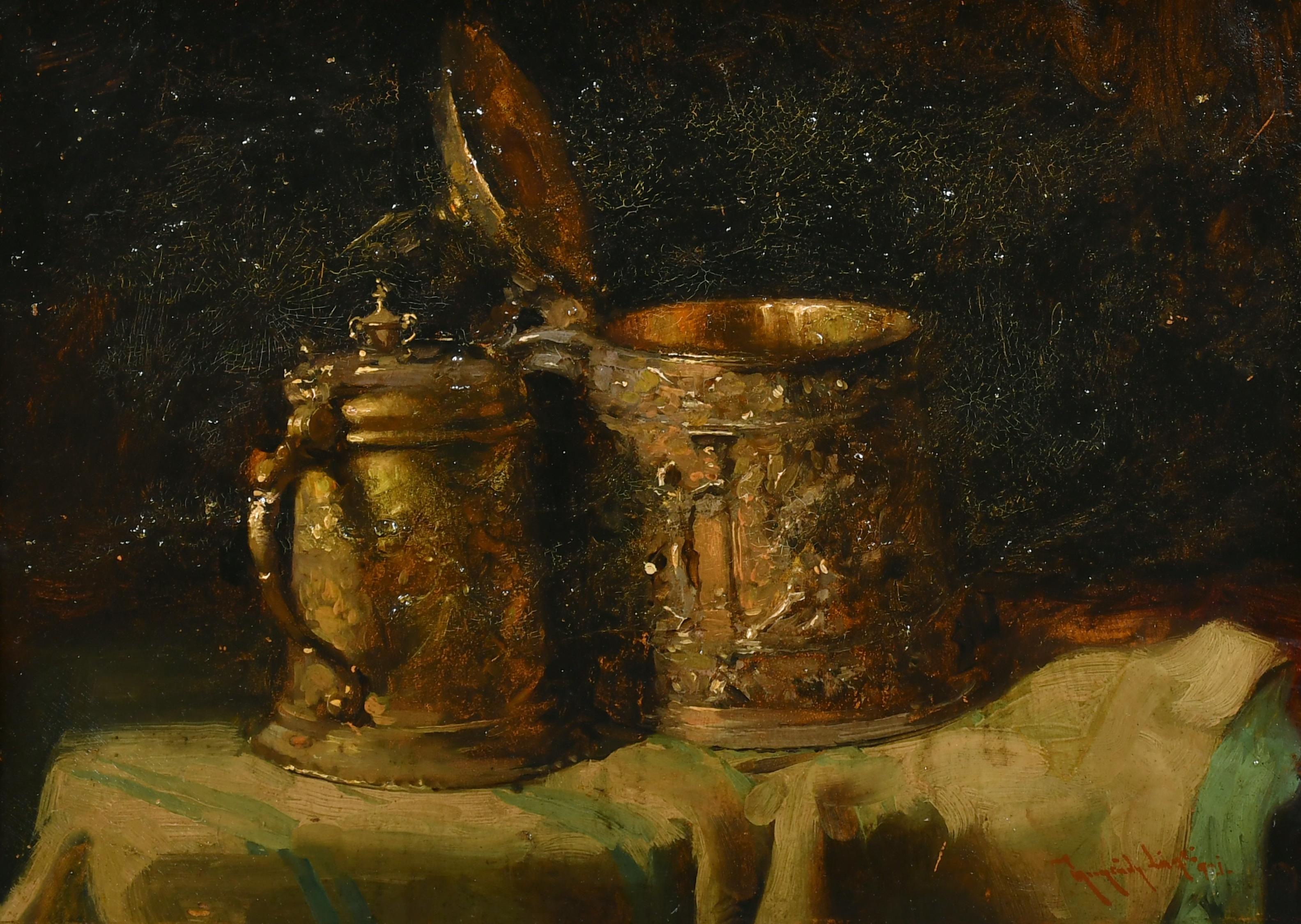 Fine Impressionist Antique Signed Oil Painting Still Life Tankards interiors