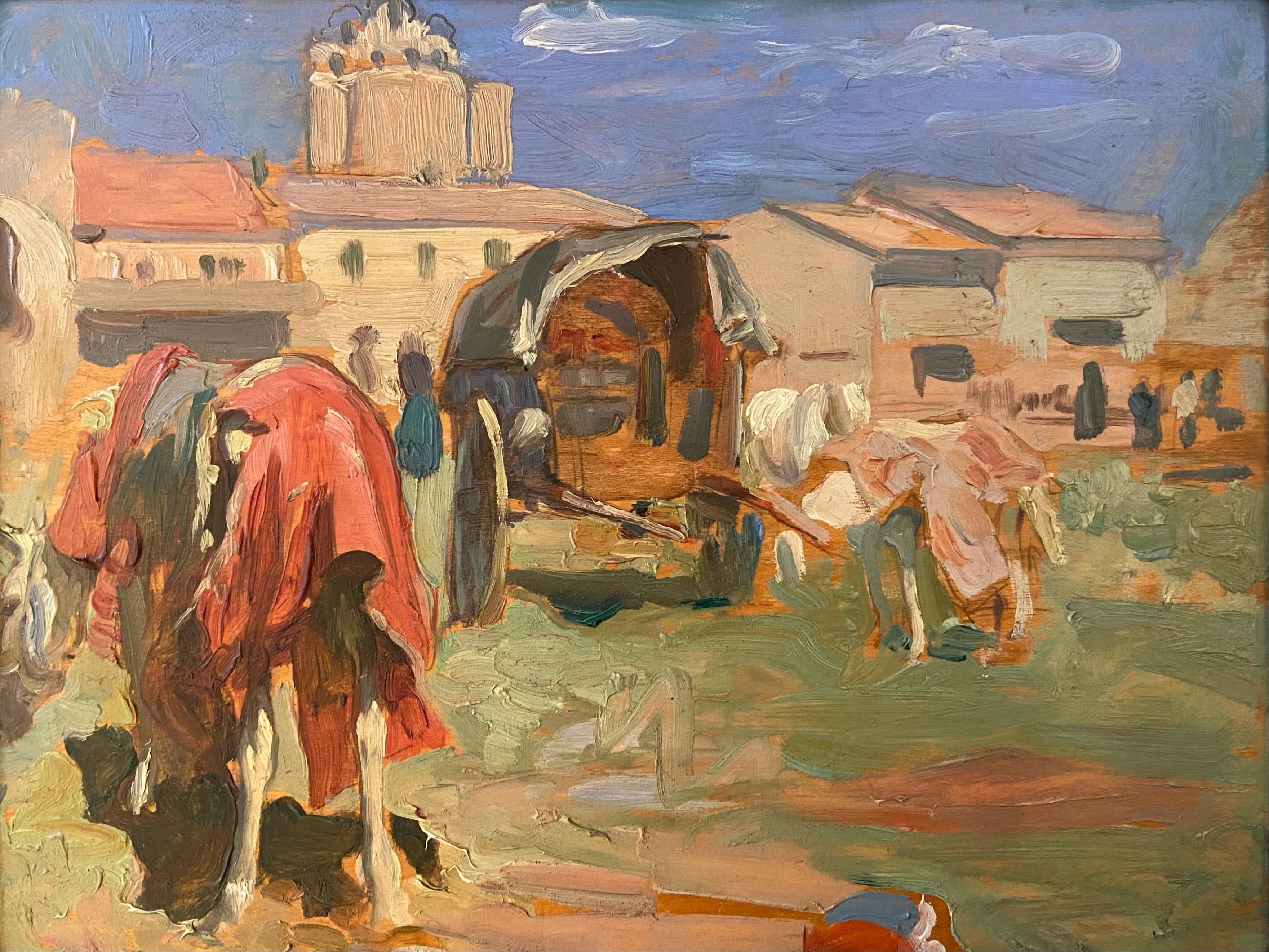 The Caravan Encampment, Oil on Board 20th Century Landscape