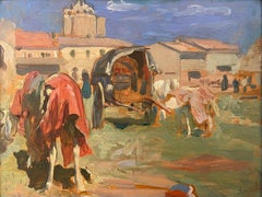 Vintage The Caravan Encampment, Oil on Board 20th Century Landscape