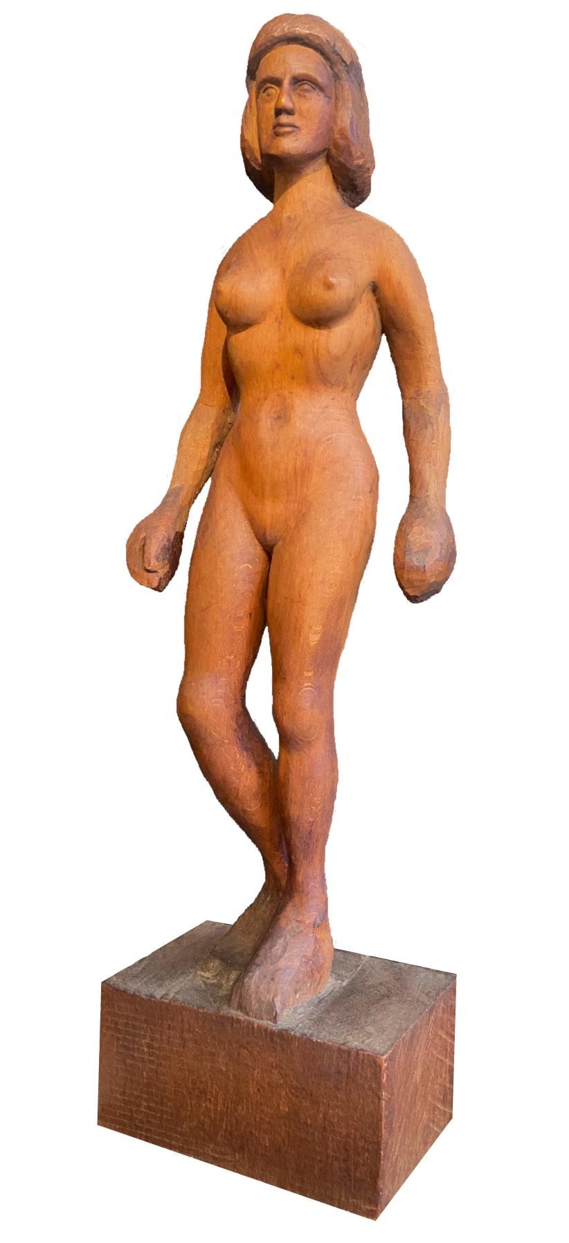 Early 20th Century European School Figurative Sculpture - Nude Statue, 20th Century Carved Oak 