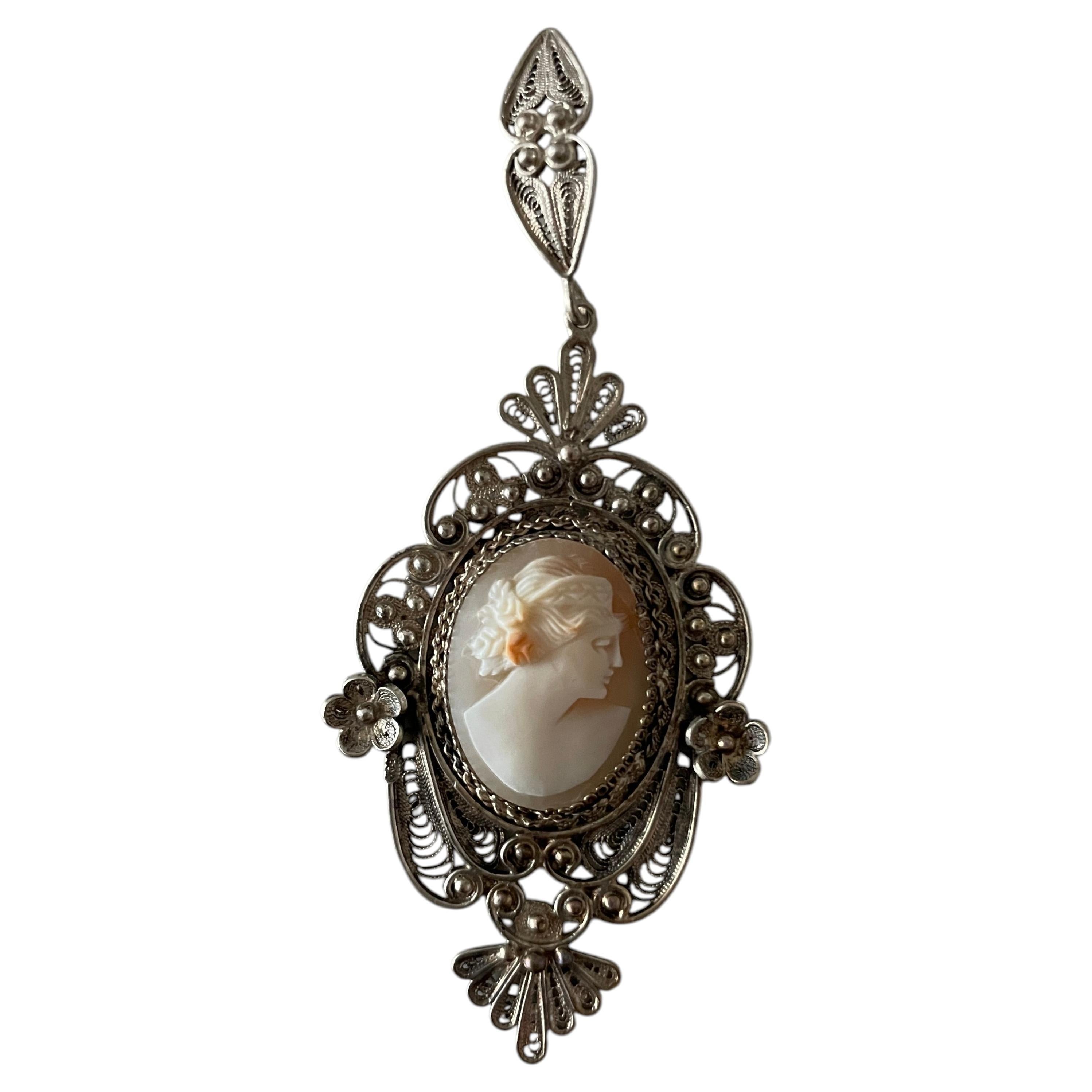 Early 20th Century European Silver Filigree Shell Cameo Pendant