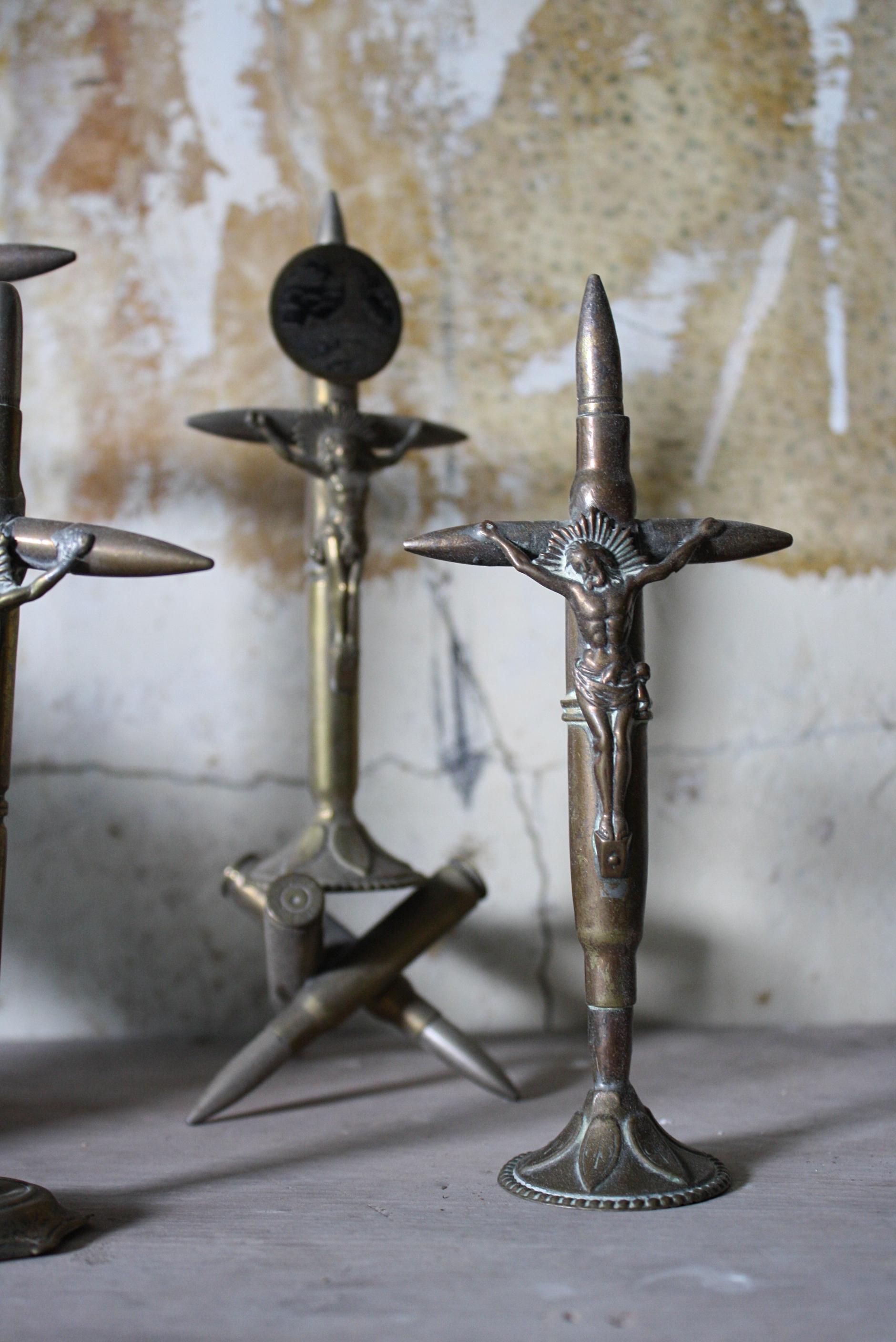 Brass Early 20th Century European Trench Folk Art Bullets Crucifix Macabre War