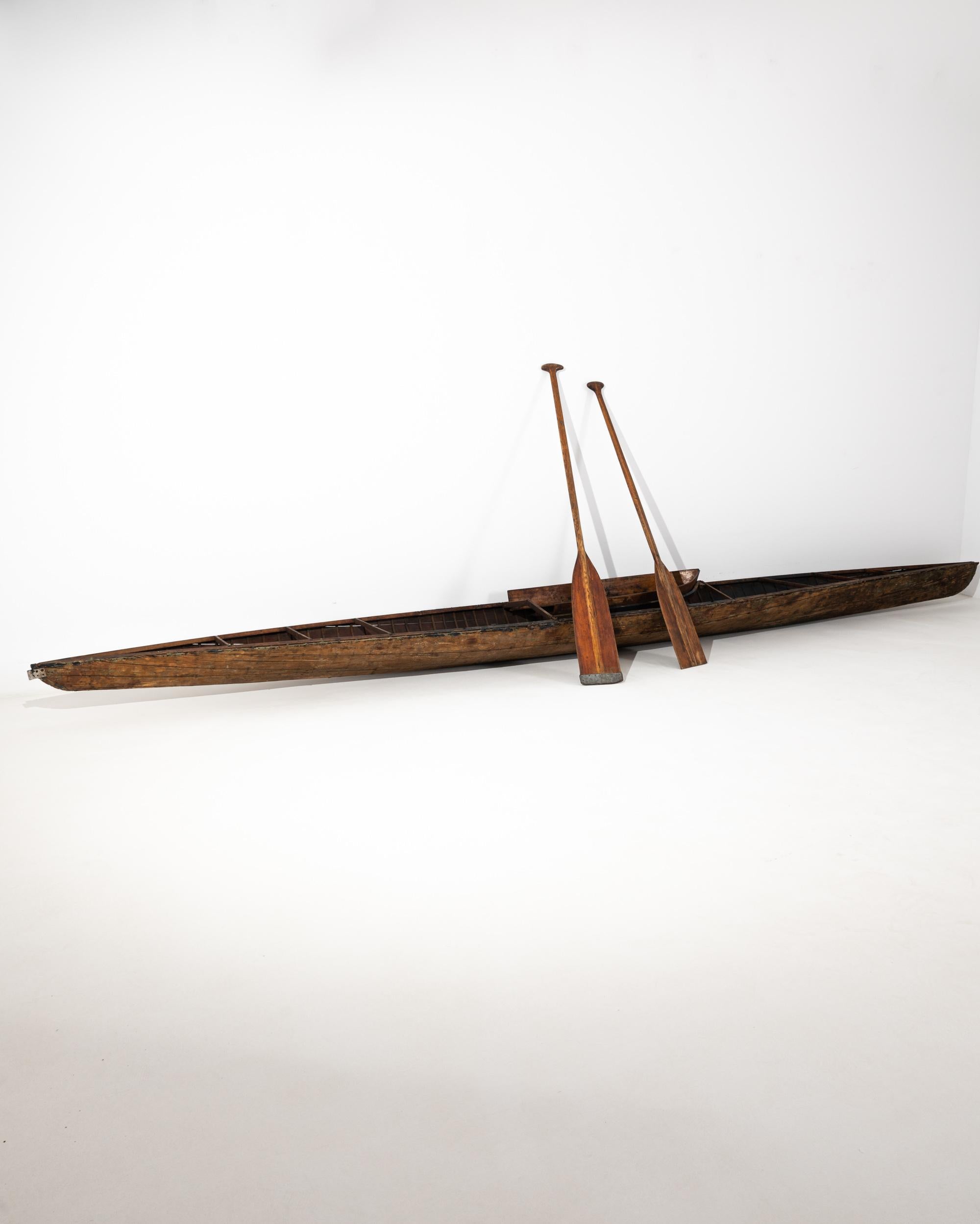 Built in Europe in the early 20th century, this wooden kayak offers a unique historic artifact. Though kayaks were first made by the indigenous peoples of the Arctic, during the 1800s kayaking became popular as a sport in Germany and France.