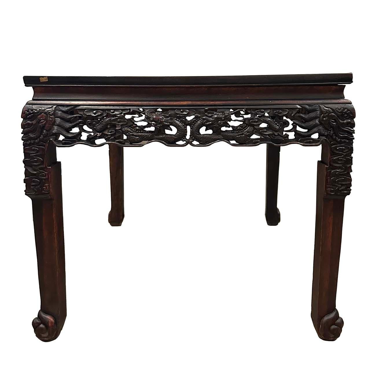 Early 20th Century Extraordinary Antique Carved Hardwood Dragon Square Table For Sale 4