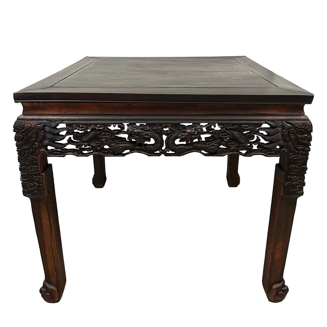Early 20th Century Extraordinary Antique Carved Hardwood Dragon Square Table For Sale 8