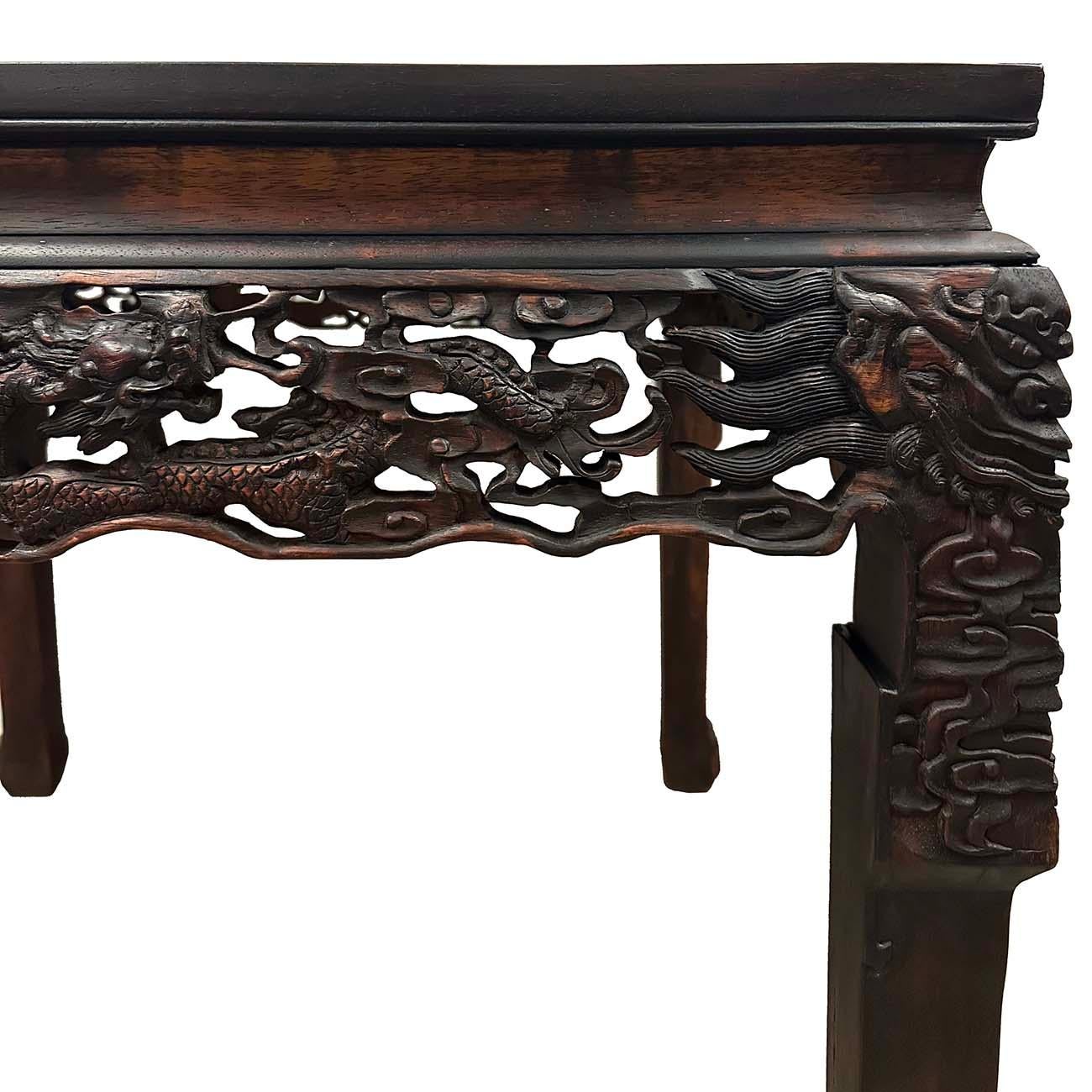 Chinese Export Early 20th Century Extraordinary Antique Carved Hardwood Dragon Square Table For Sale