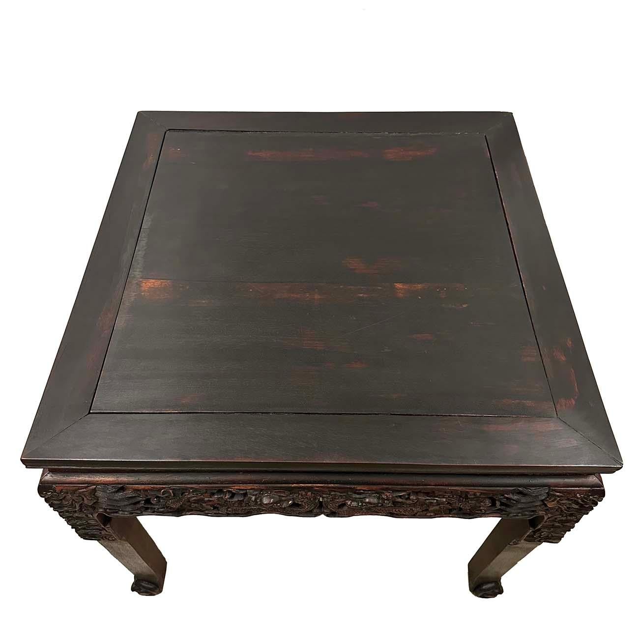 Hand-Carved Early 20th Century Extraordinary Antique Carved Hardwood Dragon Square Table For Sale