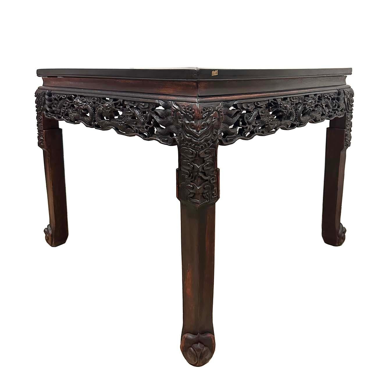 Early 20th Century Extraordinary Antique Carved Hardwood Dragon Square Table For Sale 1