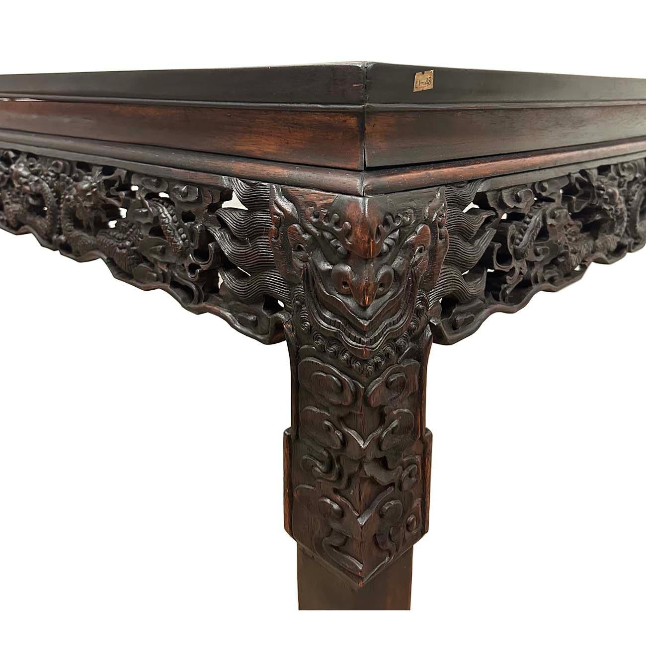 Early 20th Century Extraordinary Antique Carved Hardwood Dragon Square Table For Sale 2