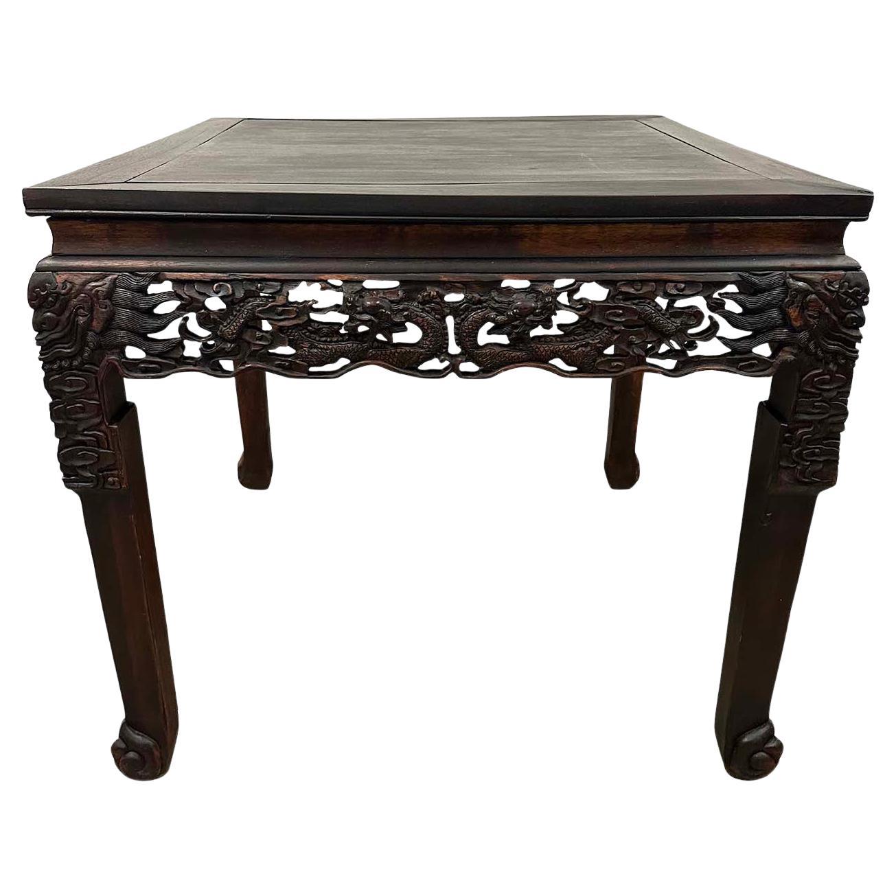 Early 20th Century Extraordinary Antique Carved Hardwood Dragon Square Table