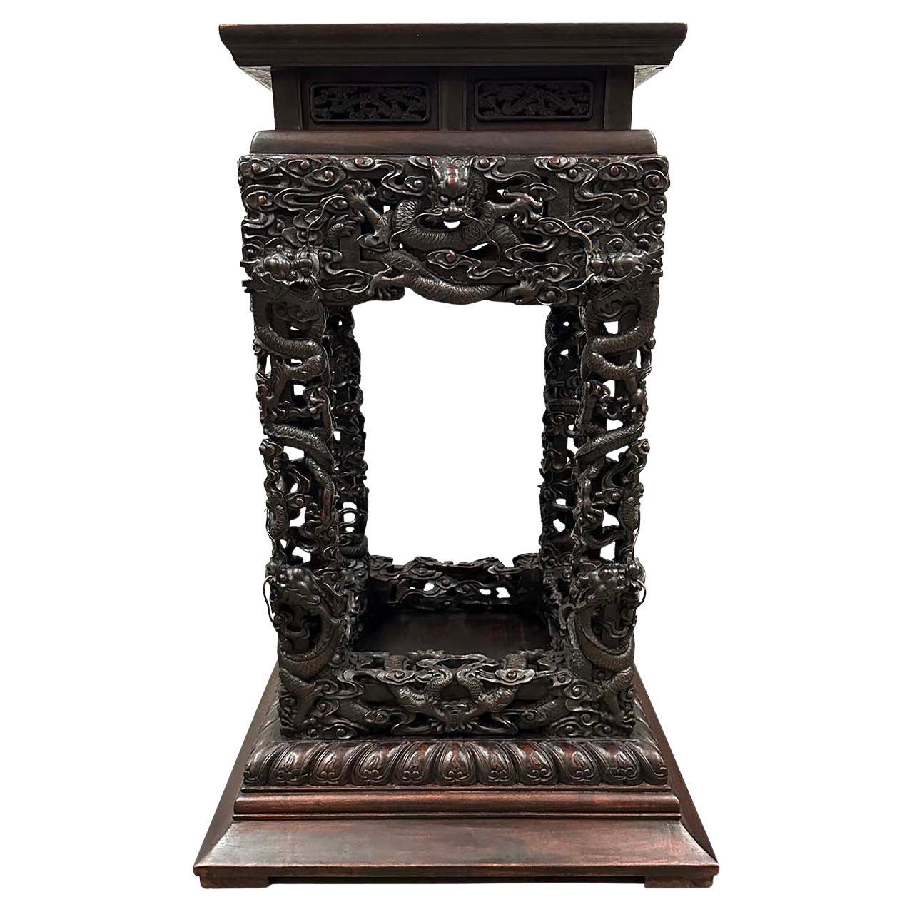 Early 20th Century Extraordinary Antique Carved Hardwood Dragon Stand