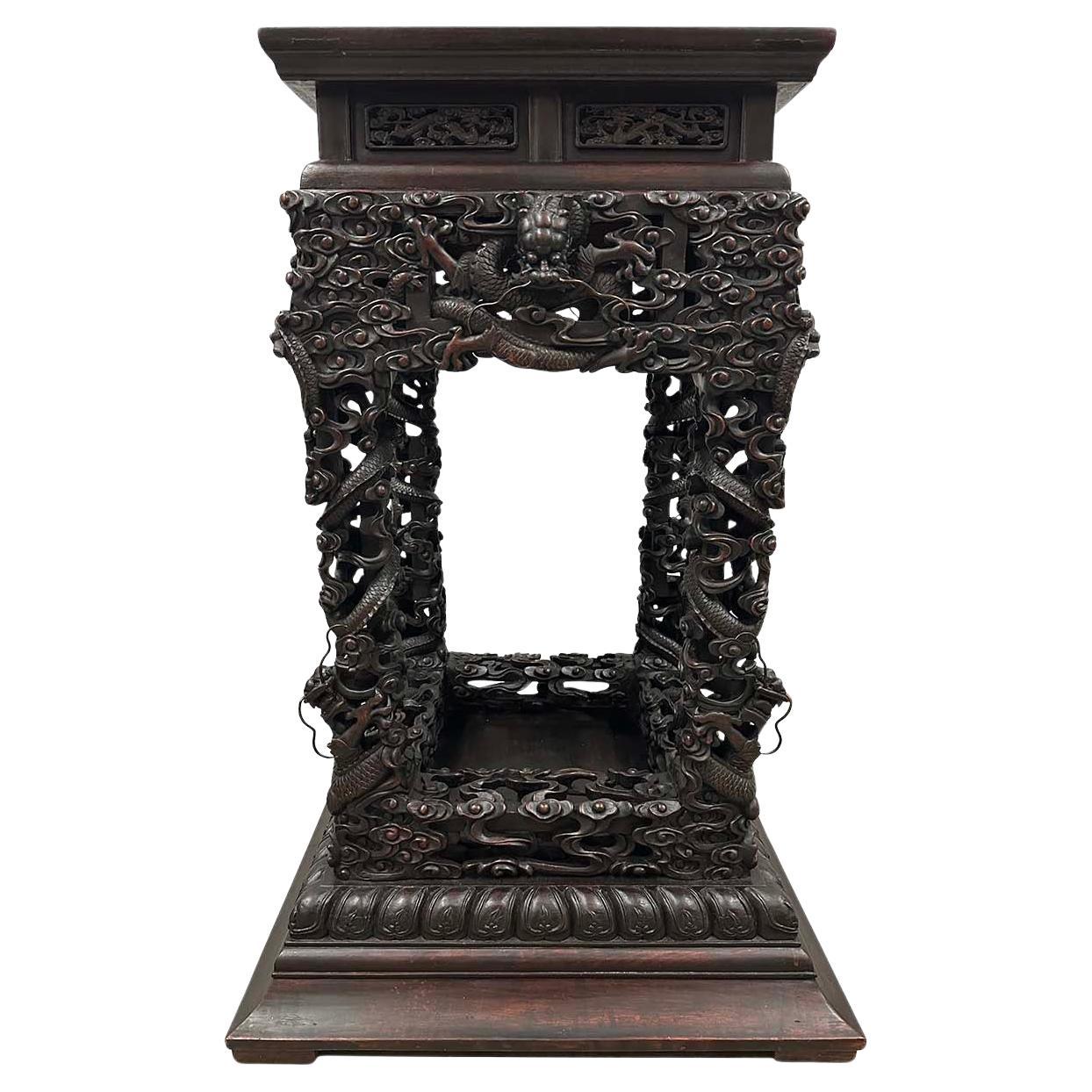 Early 20th Century Extraordinary Antique Carved Hardwood Dragon Stand