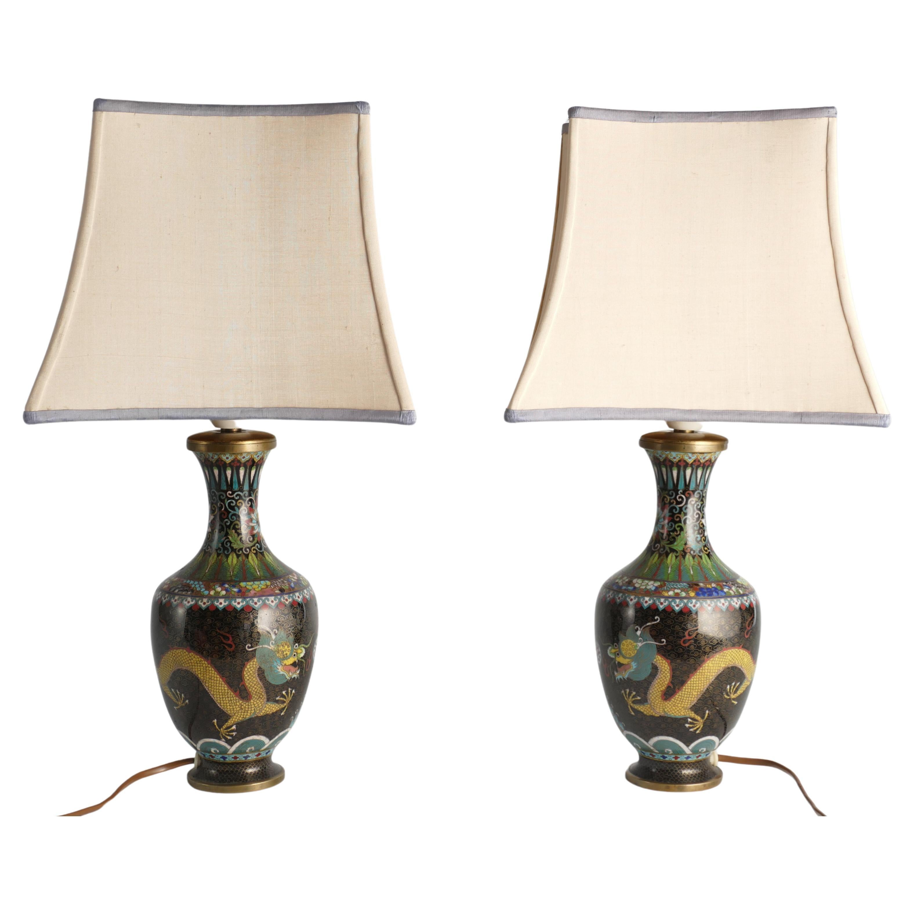 Early 20th-century Famille Noire Chinese Cloisonne Yellow Dragon Table Lamps For Sale