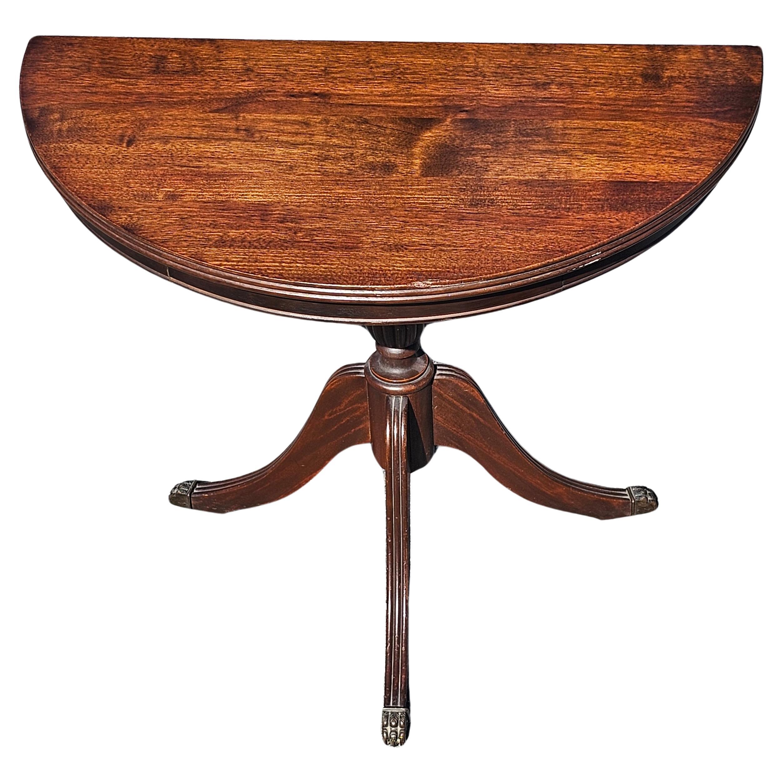 American Early 20th Century Federal Mahogany Pedestal Trifid Demilune Table For Sale