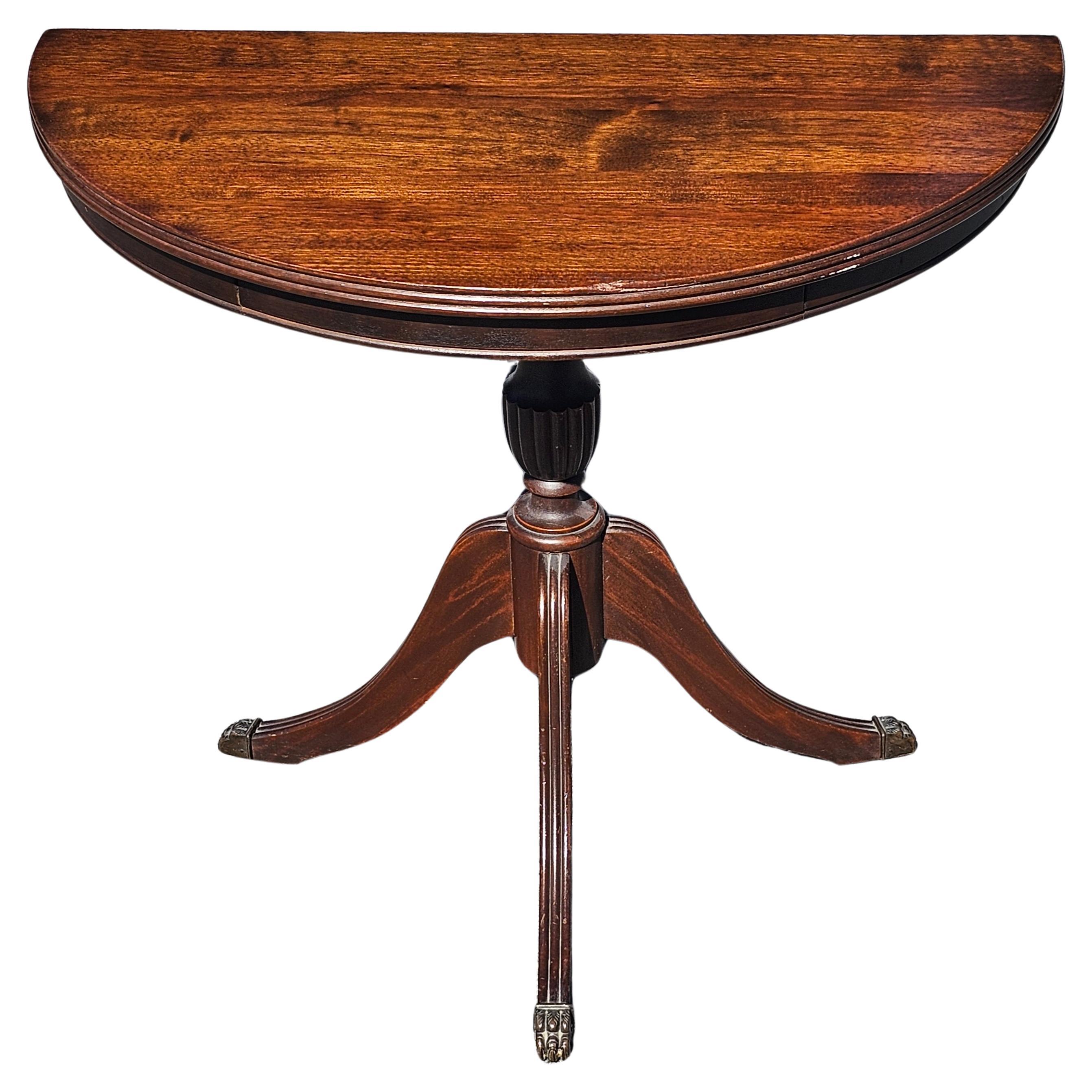 Early 20th Century Federal Mahogany Pedestal Trifid Demilune Table For Sale