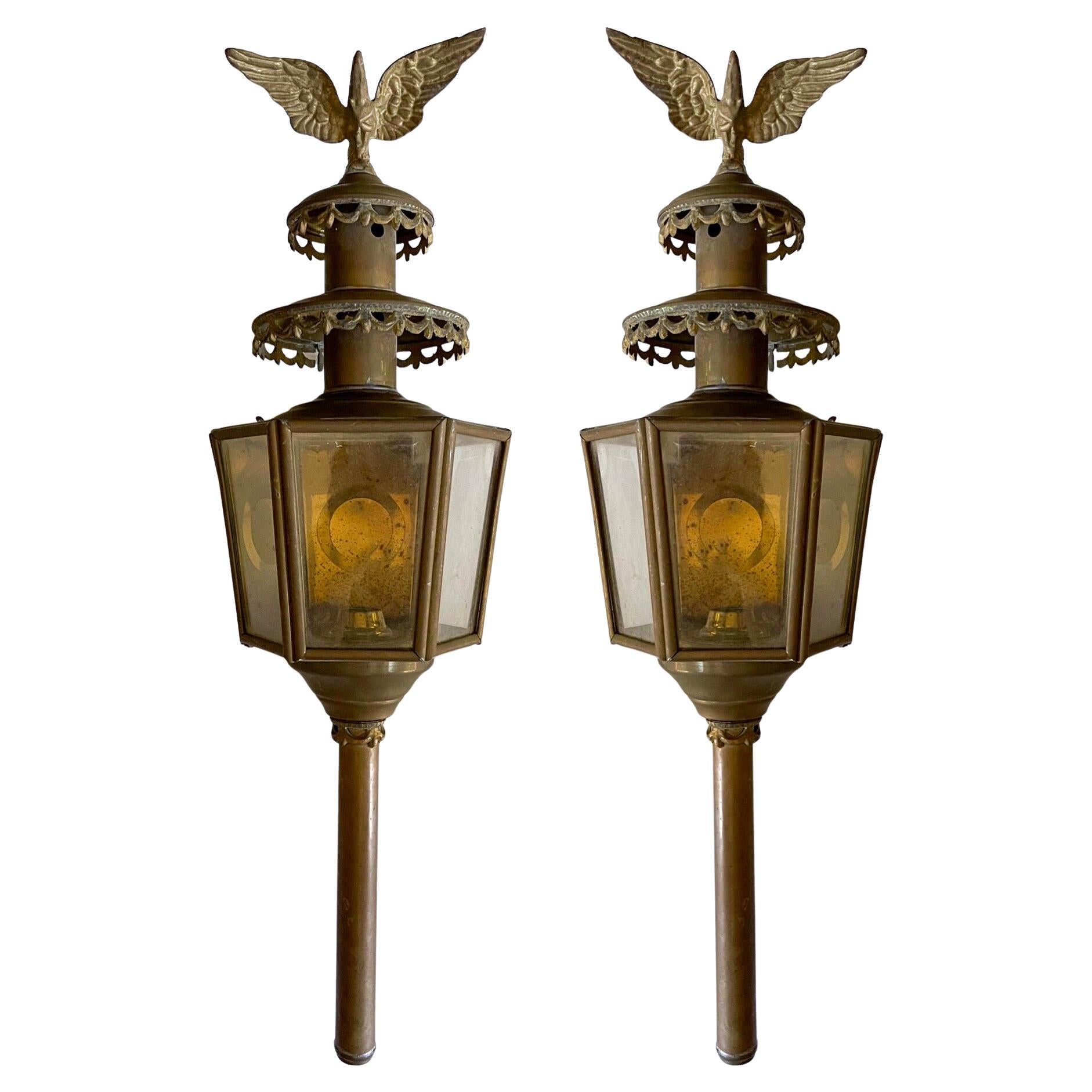 Early 20th Century Federal Style Continental Brass Lanterns, Pair For Sale