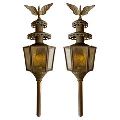 Antique Early 20th Century Federal Style Continental Brass Lanterns, Pair