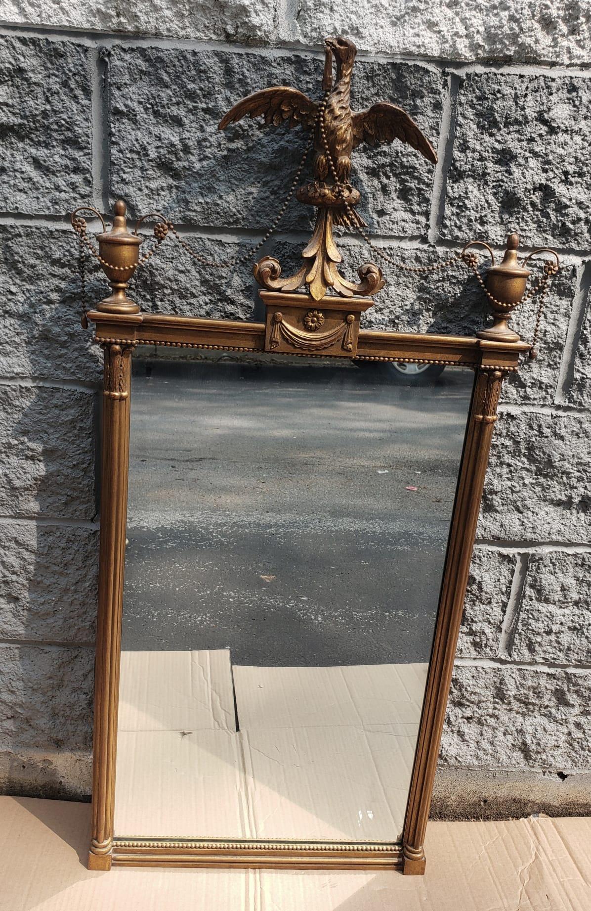 American Early 20th Century Federal Style Gilt Decorated Eagle Pediment Frame Mirror For Sale