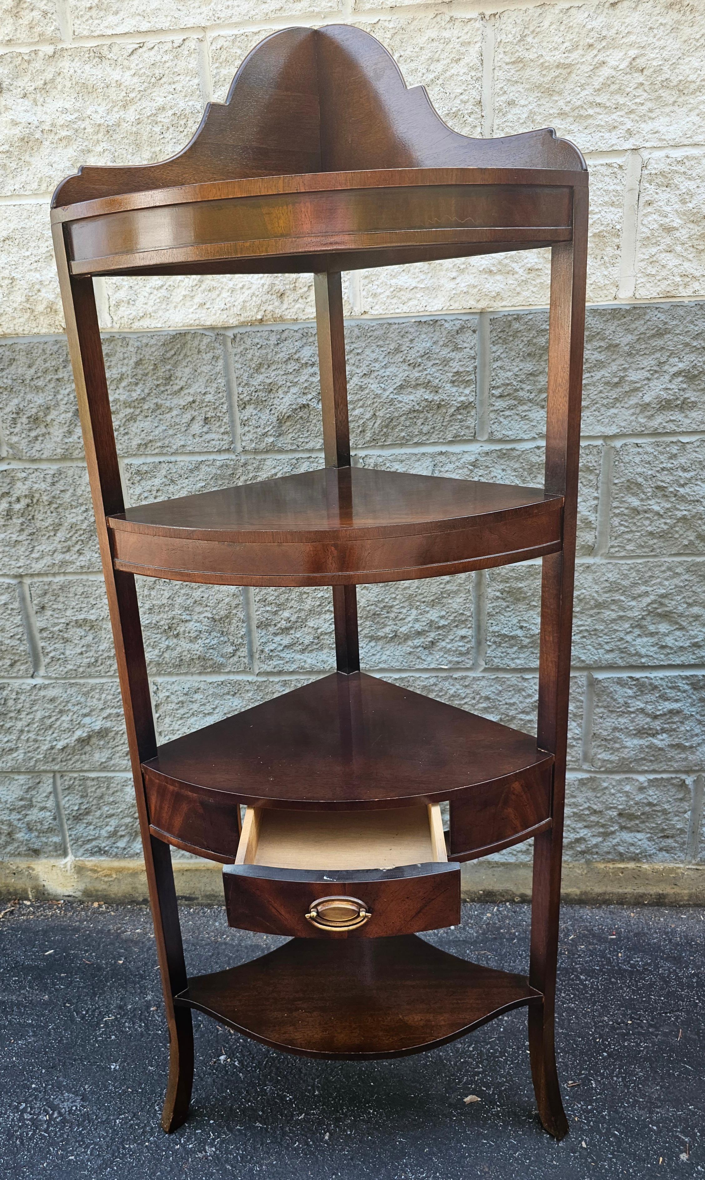 American Early 20th Century Federal Style Mahogany Corner Etagere with Drawer For Sale