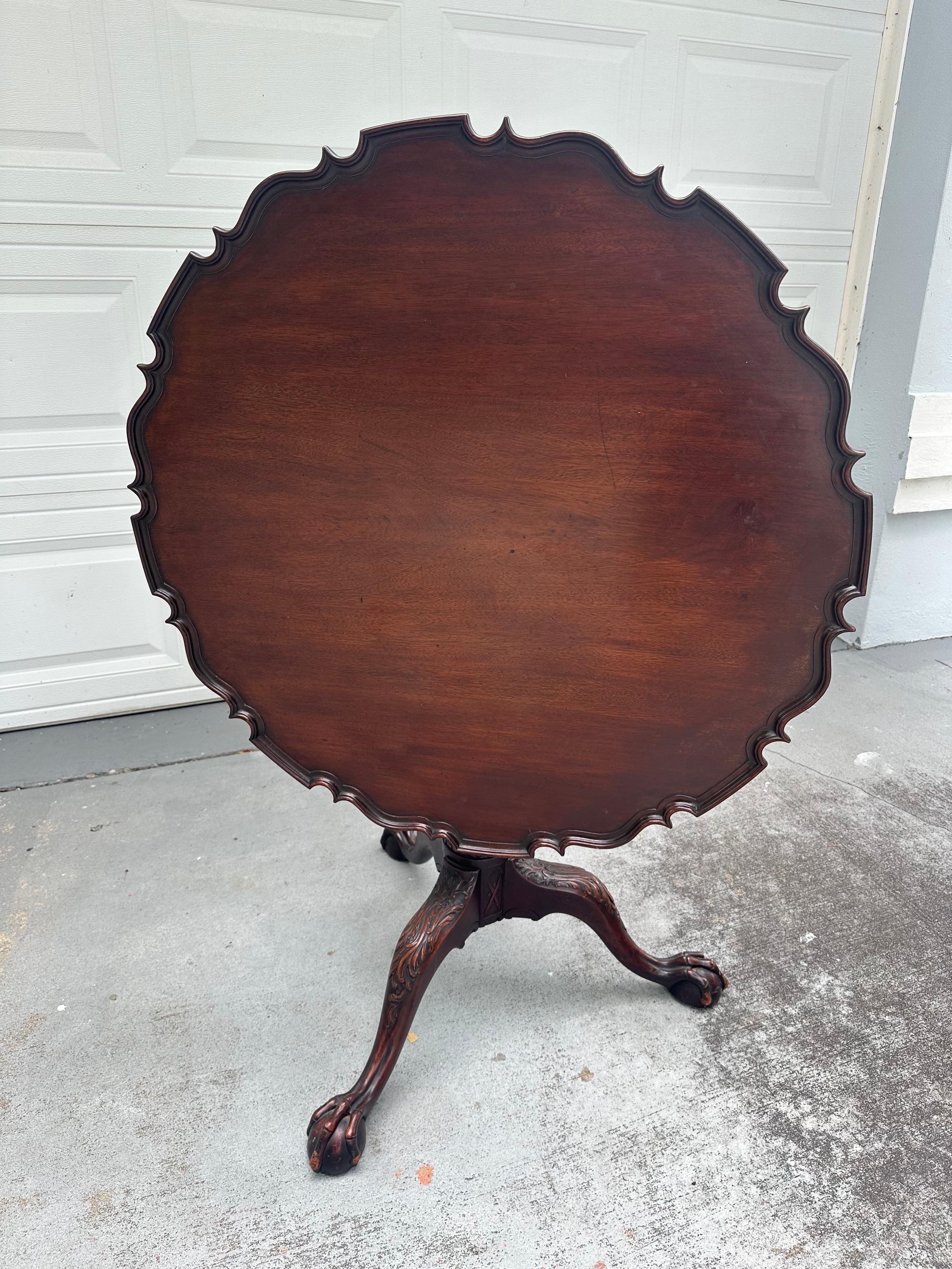Early 20th Century Federal Style Mahogany Piecrust Birdcage Tilt-Top Table.

Magnificent mahogany tilt-top table. The top is exceptionally carved with a piecrust outside edge. The table rotates on the birdcage action or it tilts with a traditional