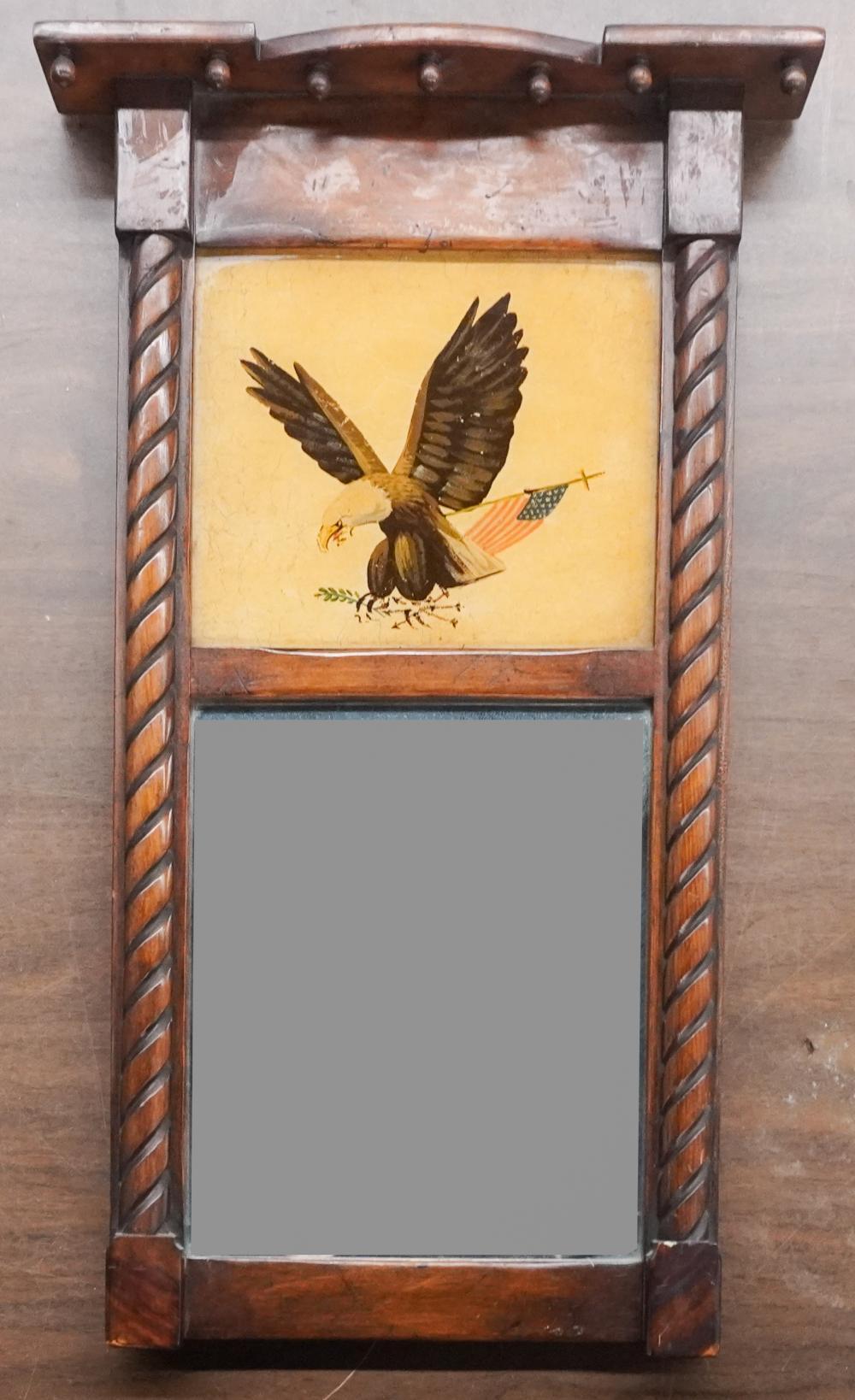 An Early 20th Century Federal Style Mahogany Trumeau Mirror with hand painted  on board perched eagle with yellow background. Measures 21.5