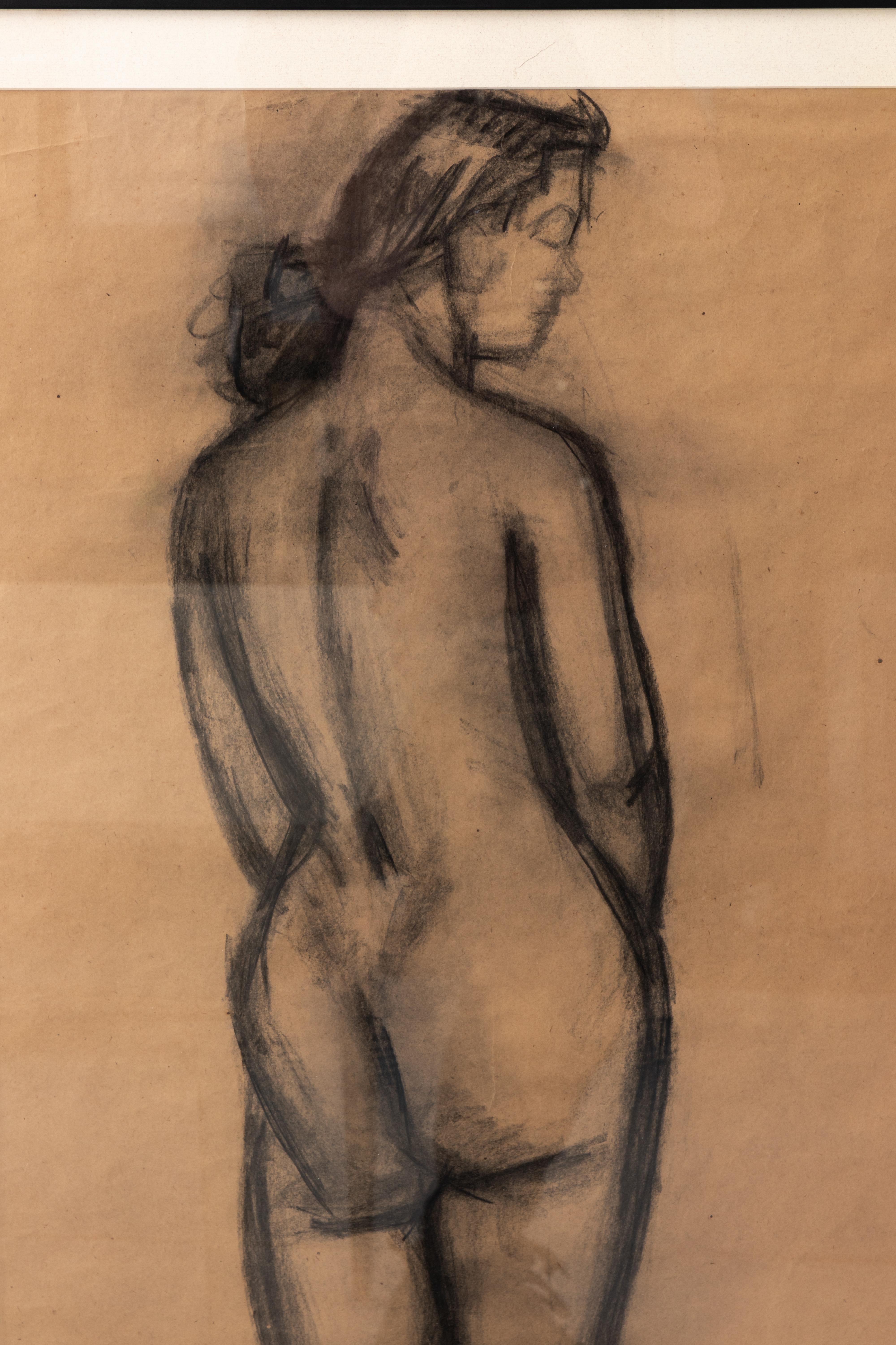 Modernist nude study of the female figure by an anonymous artist, circa early 20th century. Loose, expressive strokes with emphatic shading. Drawn in charcoal on paper. We have two related works in this bold style by the same artist. Mounted in a