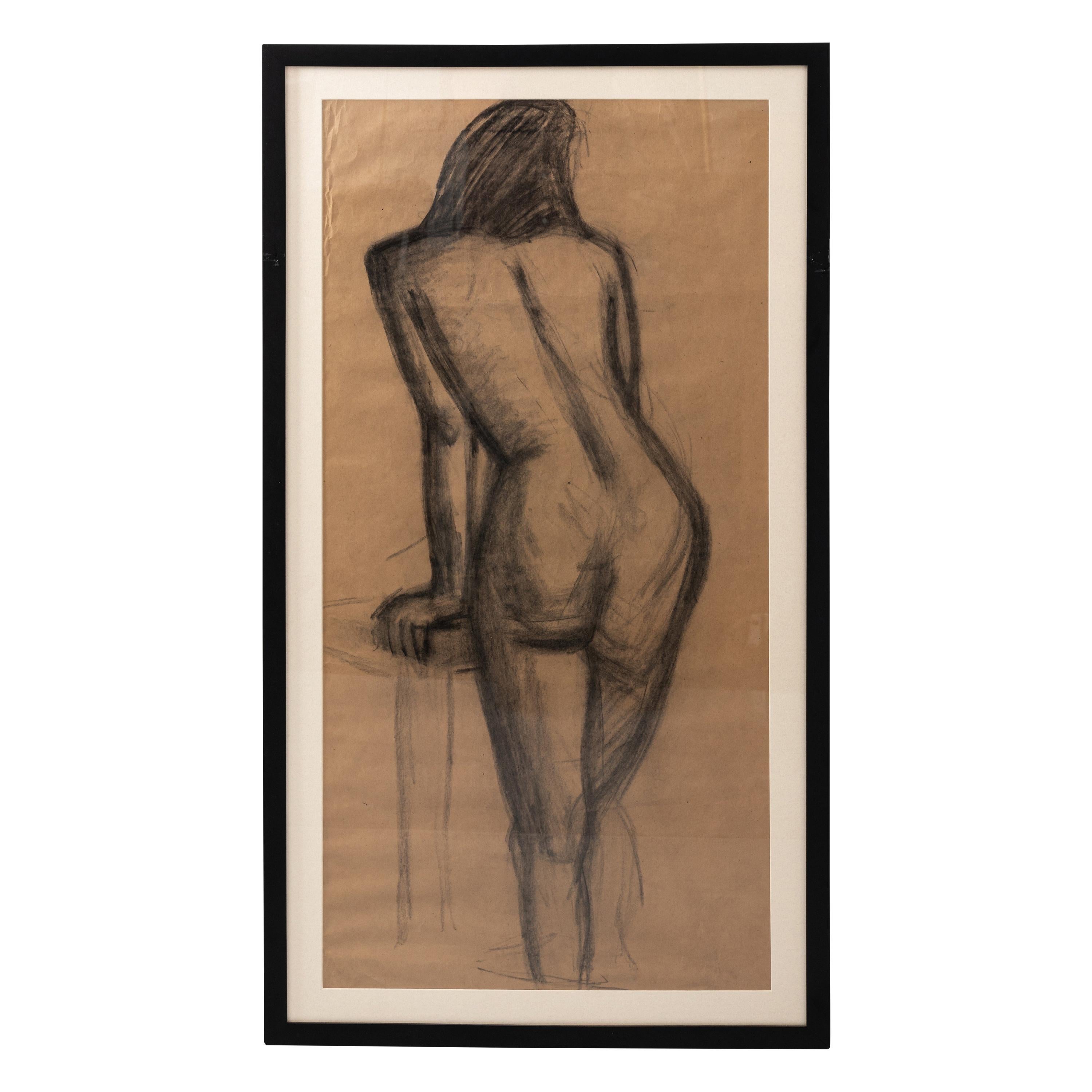 Early 20th Century Modern Female Nude Figure Original Charcoal Drawing