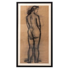 Vintage Early 20th Century Modern Standing Female Nude Figure Original Charcoal Drawing