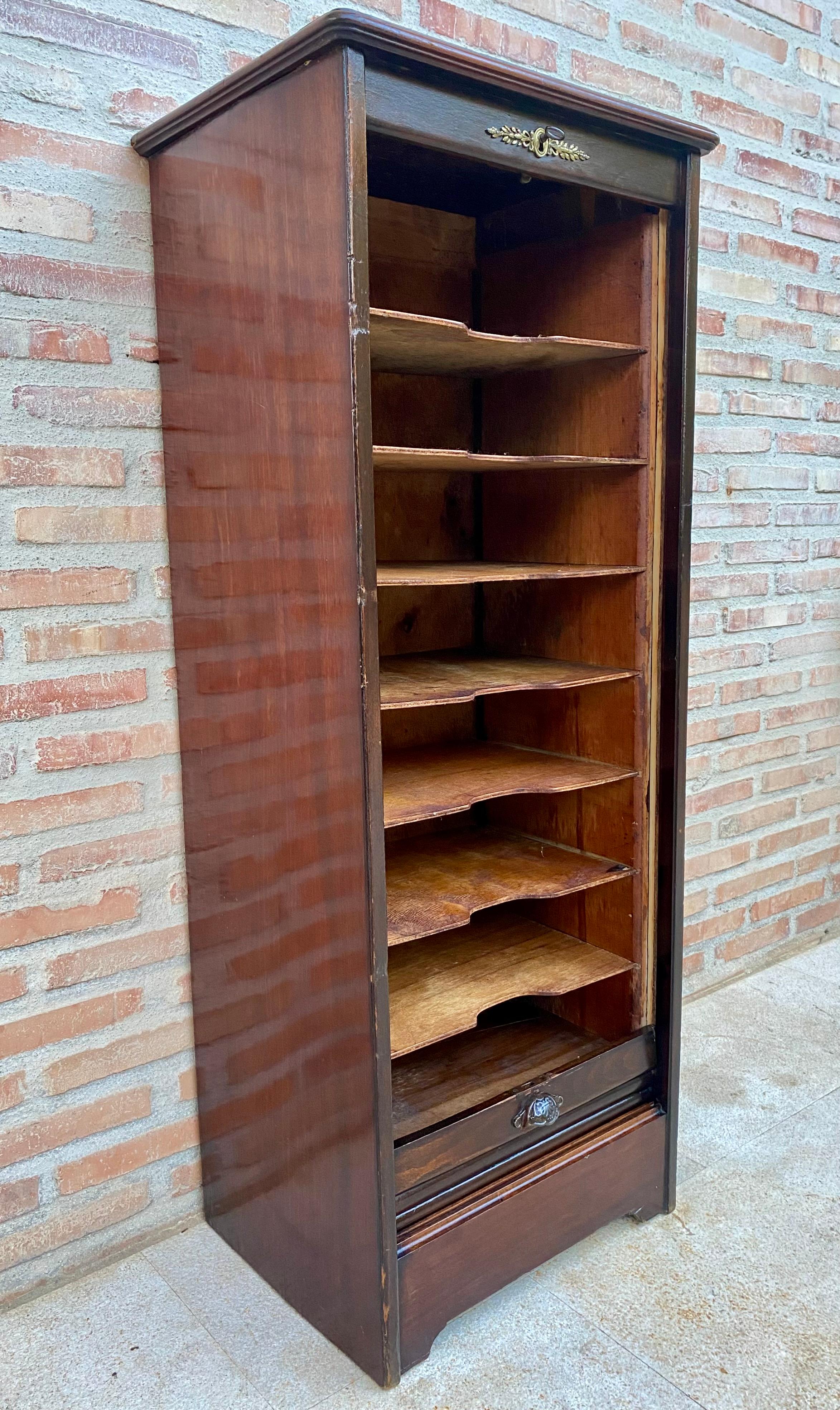 Walnut Early 20th Century Filing Cabinet With One Roller Louver Door & Eight Shelves For Sale