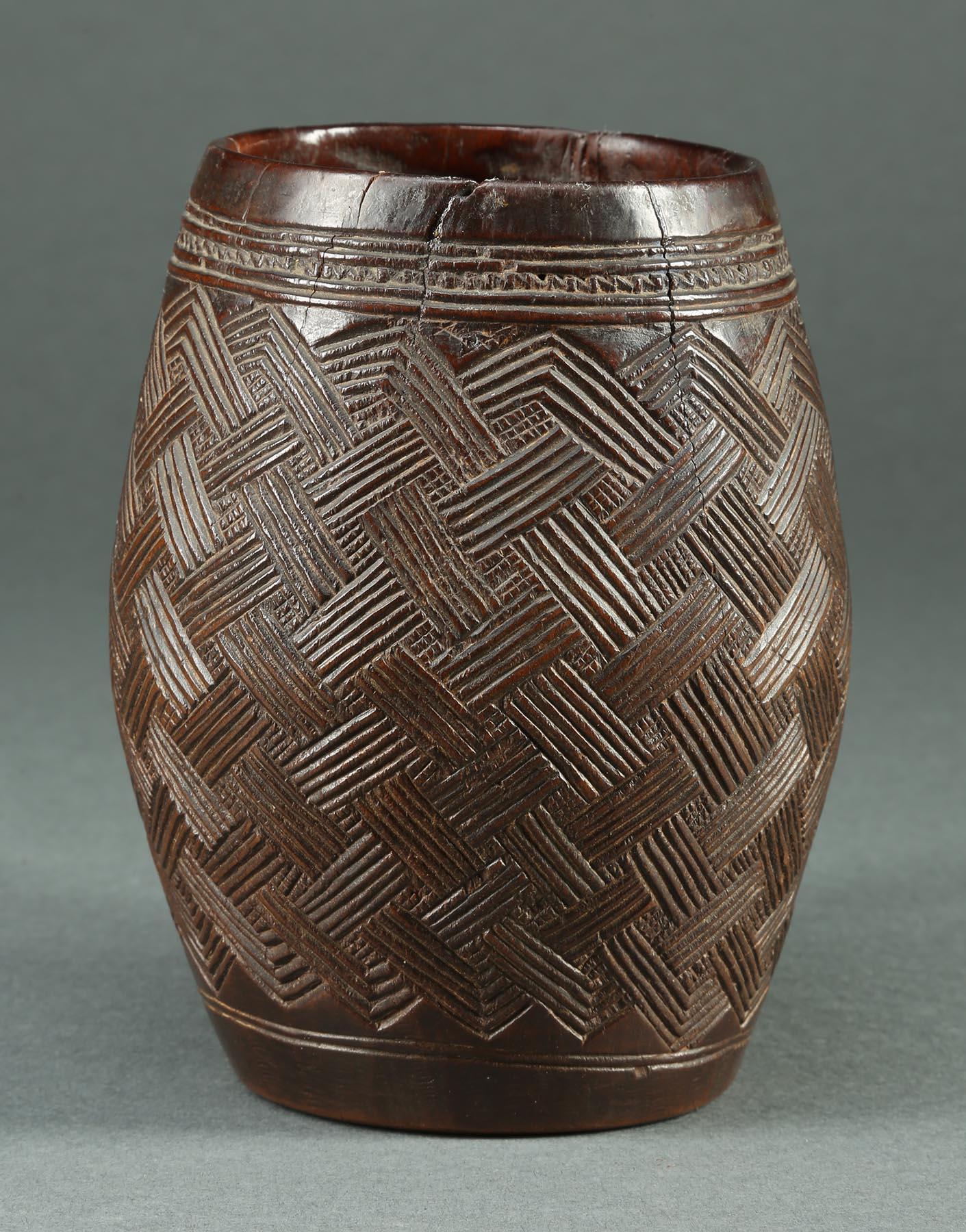 Hand-Carved Early 20th Century Finely Carved Wood Kuba Cup with Geometric Designs, Africa
