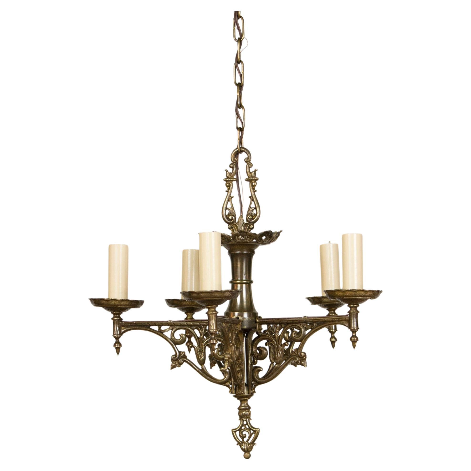 Early 20th Century Five Light Antique Brass Tudor Chandelier For Sale