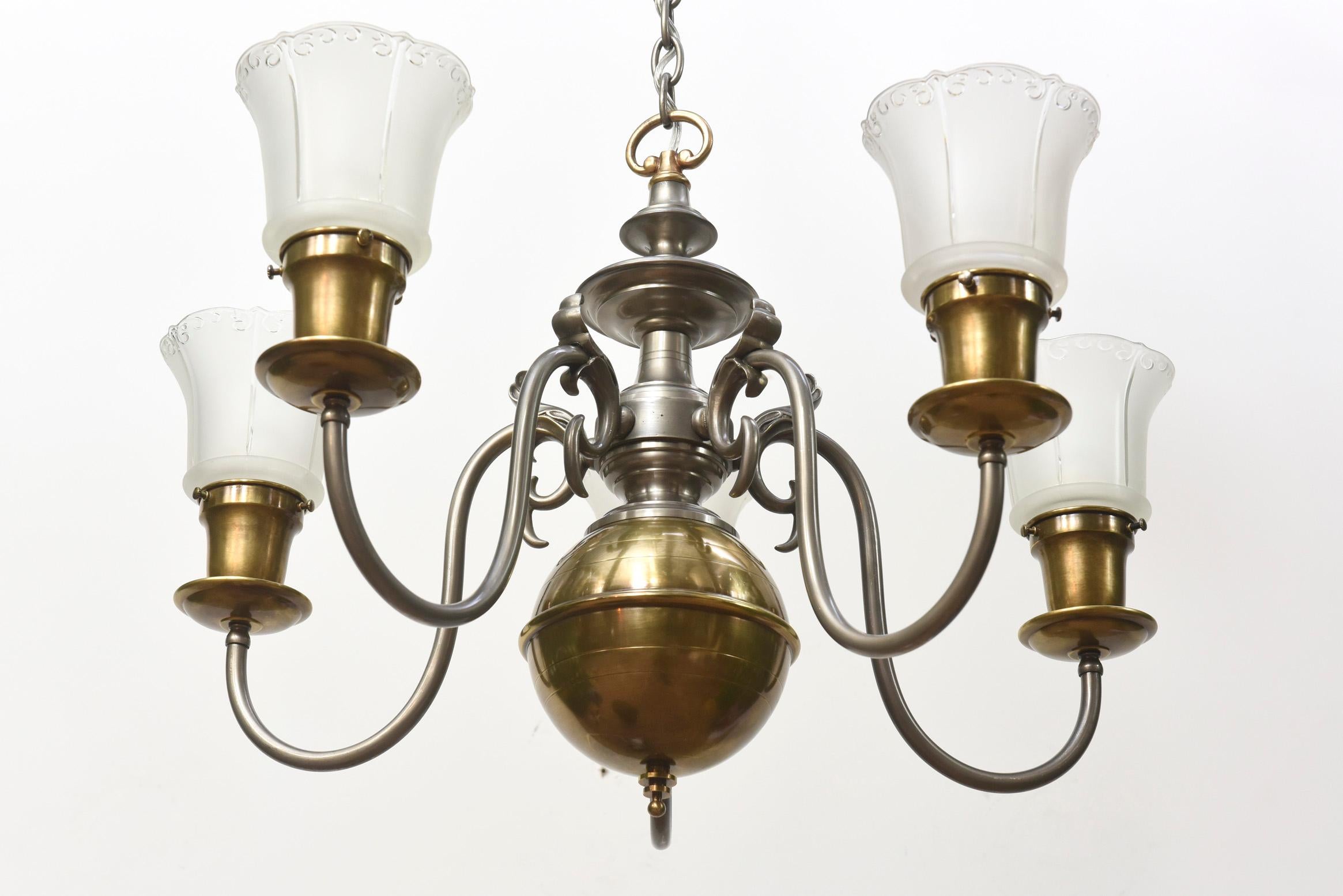 Early 20th Century Five Light Nickel and Brass Colonial Revival Chandelier 3