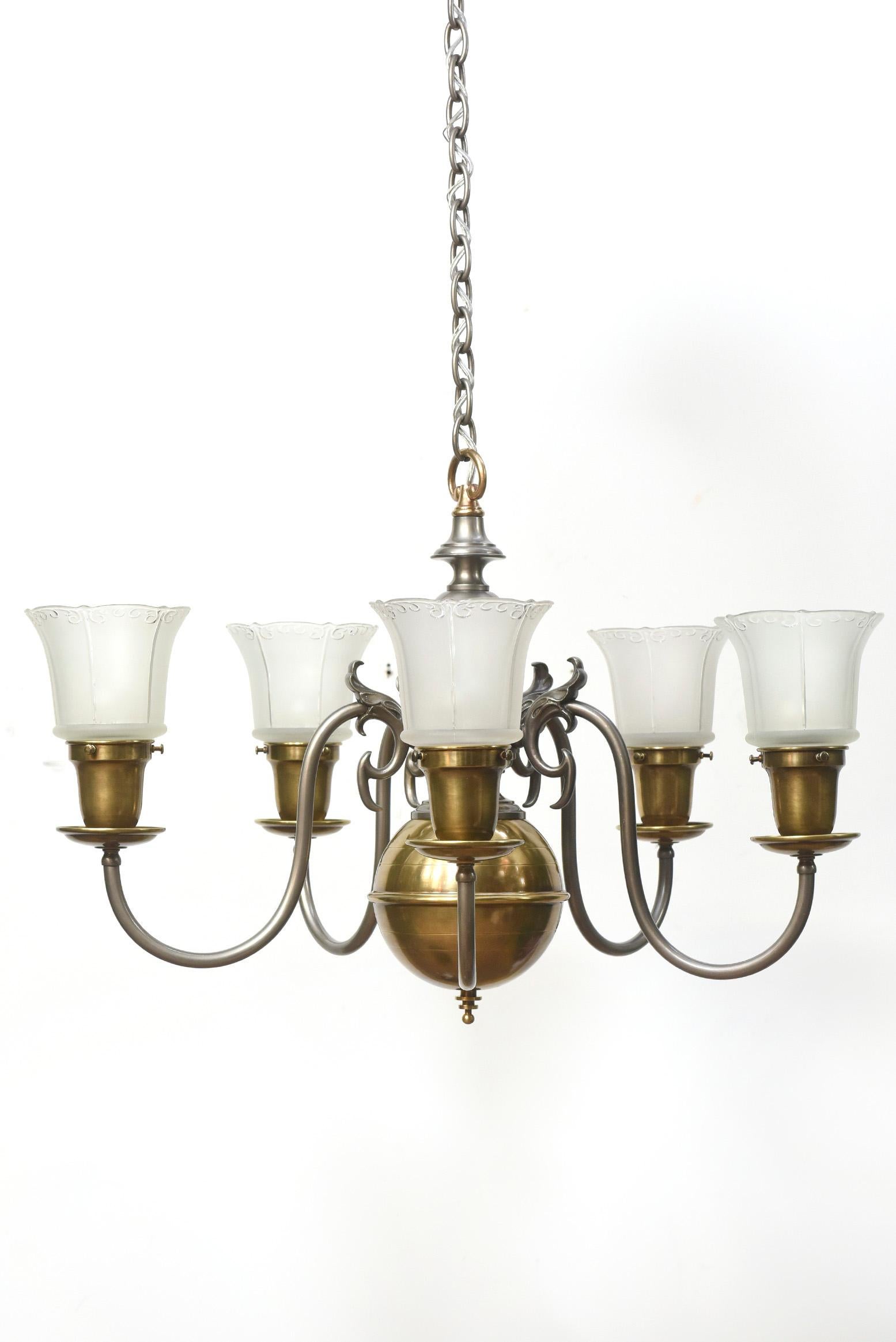Early 20th Century Five Light Nickel and Brass Colonial Revival Chandelier In Good Condition In Canton, MA