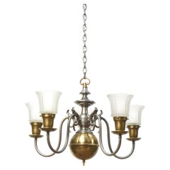 Antique Early 20th Century Five Light Nickel and Brass Colonial Revival Chandelier