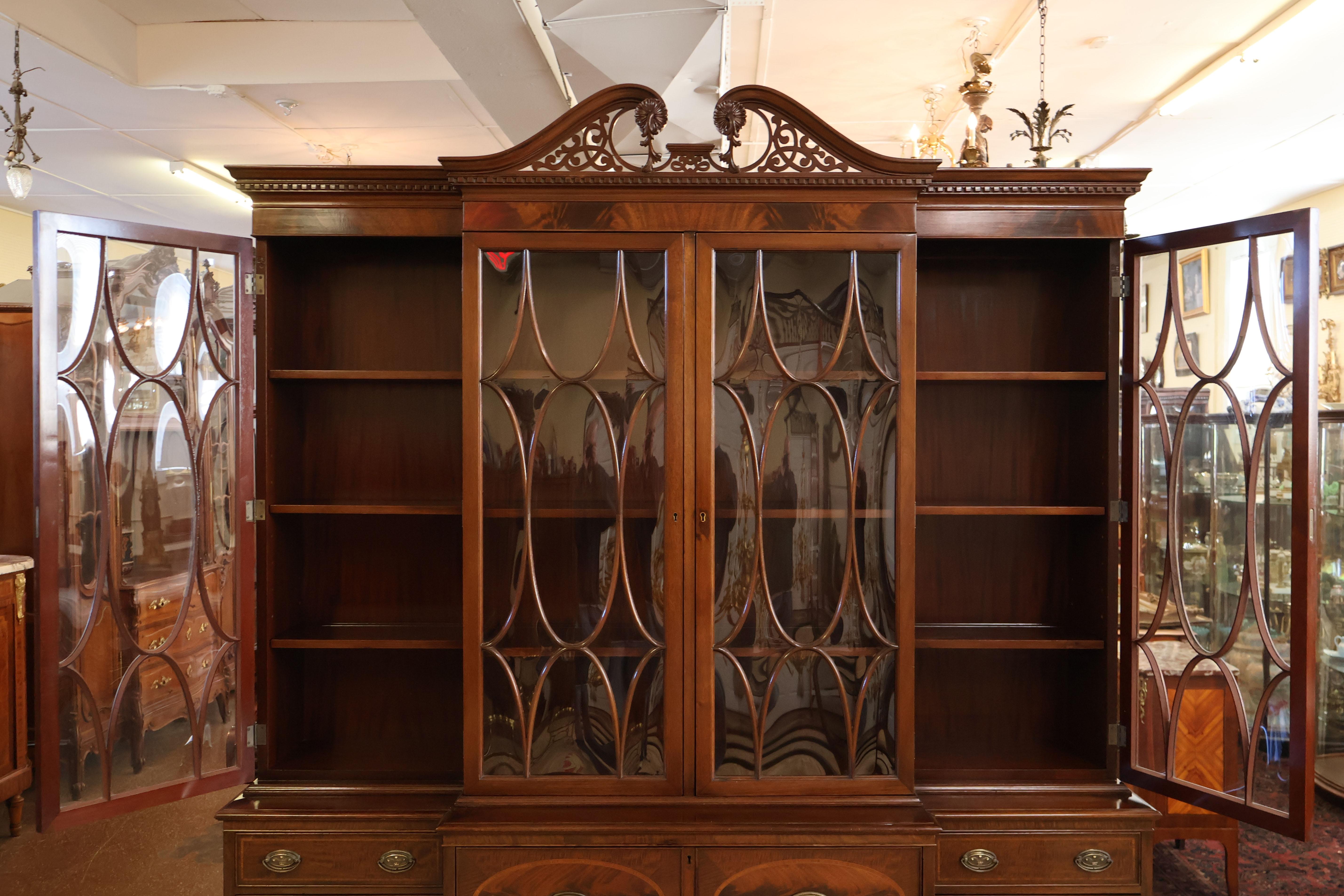 Early 20th Century Flame Mahogany Cabinet Bookcase Breakfront By Warsaw For Sale 5