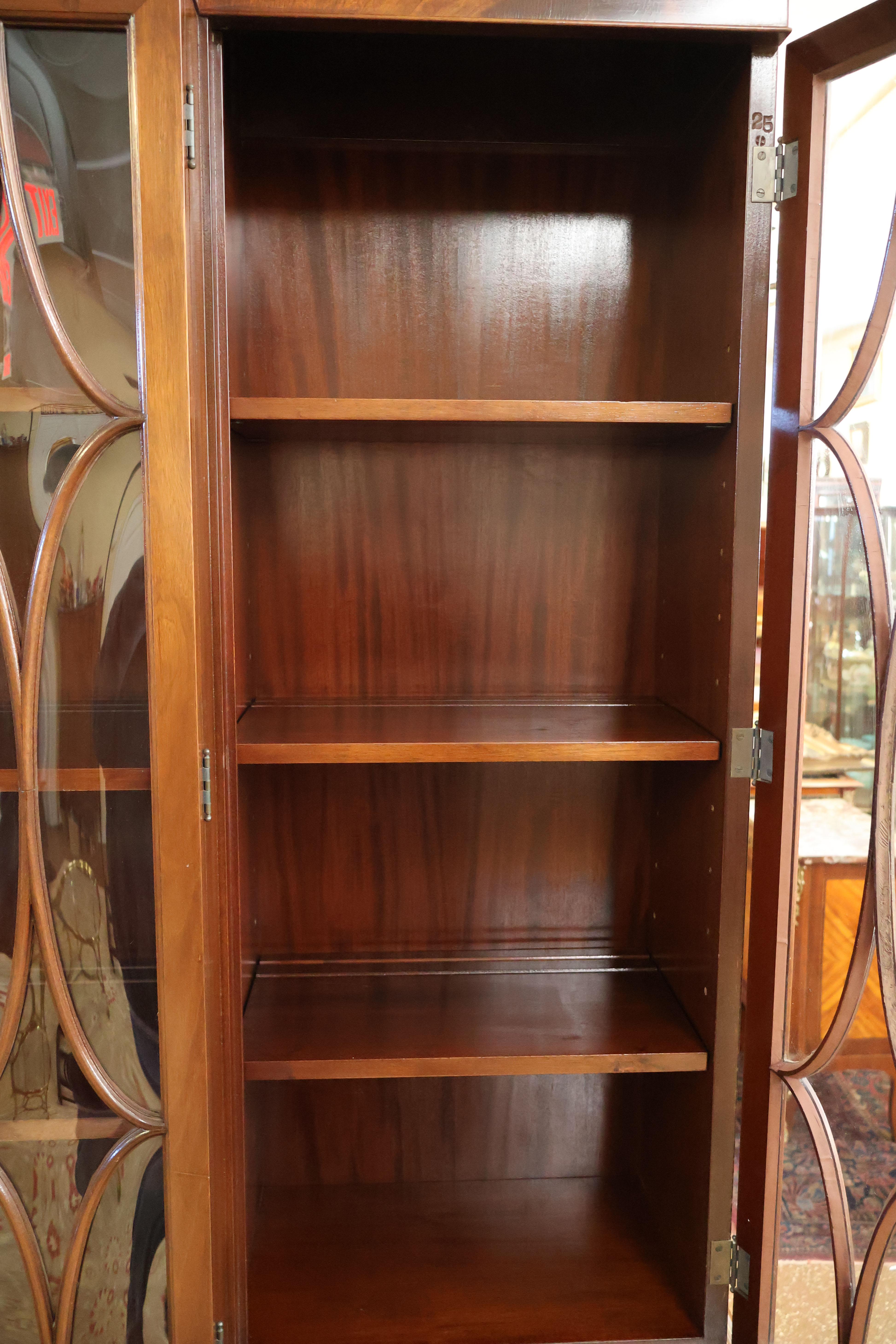 Early 20th Century Flame Mahogany Cabinet Bookcase Breakfront By Warsaw For Sale 7